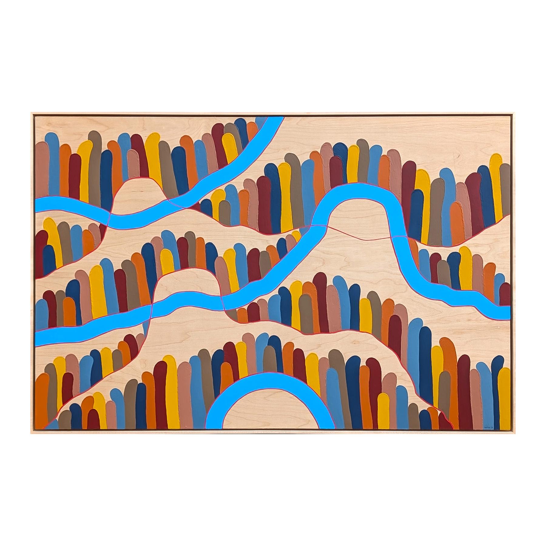 “The Hills” Contemporary Colorful Abstract Landscape Painting of Rolling Hills - Beige Abstract Painting by Tina Ruyi