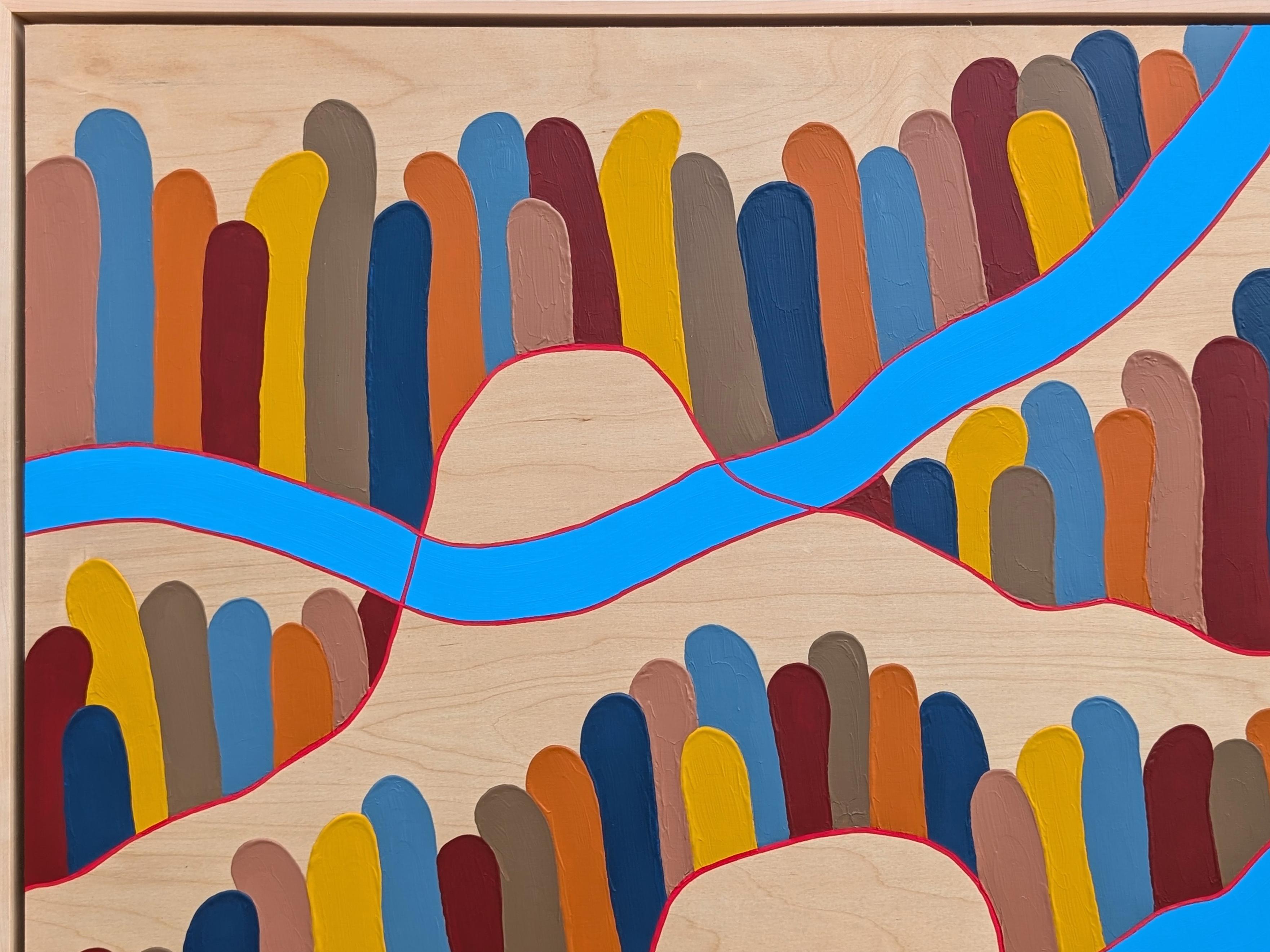 Colorful abstract landscape painting by contemporary artist Tina Ruyi. The work features a rolling set of hills accented by a stripe of bright blue. Signed and dated in the front lower right corner as well as signed, titled, and dated on the