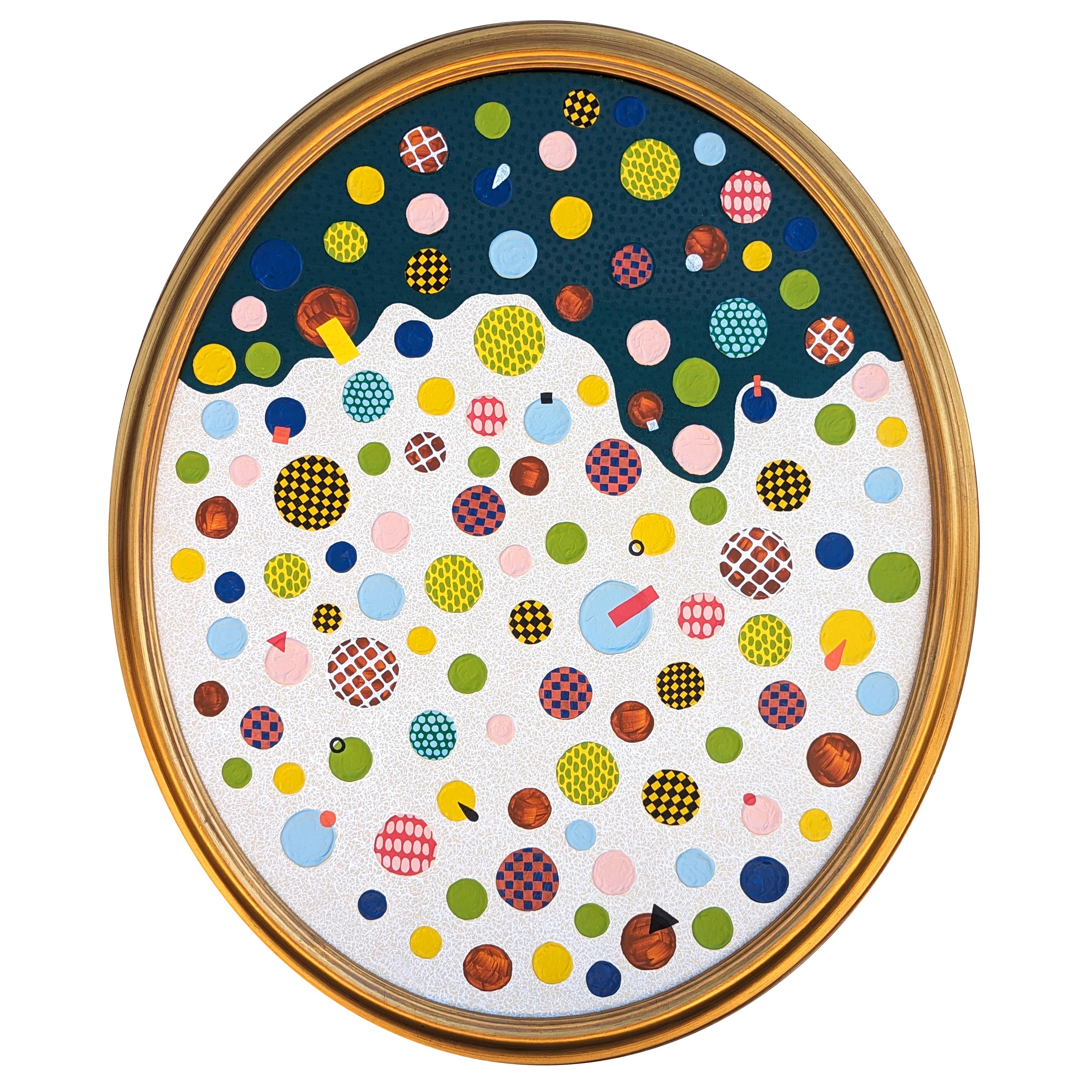 Abstract Painting di Tina Ruyi - "L'ovale" Pittura contemporanea colorata geometrica astratta con cerchi e punti