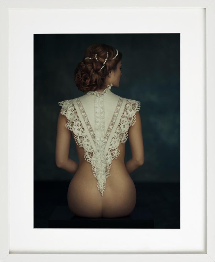 Die Unschuld - the innocence, atmospheric nude from behind with white lace  - Contemporary Photograph by Tina Trumpp