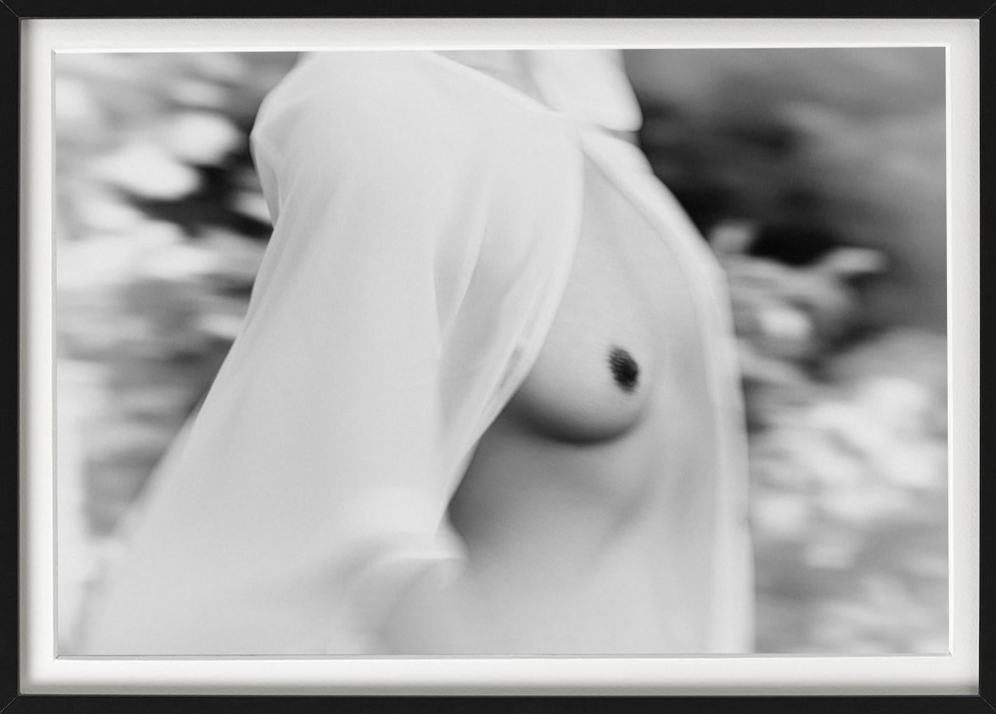Judith - black and white nude showing exposed breasts under a white silk blouse For Sale 1