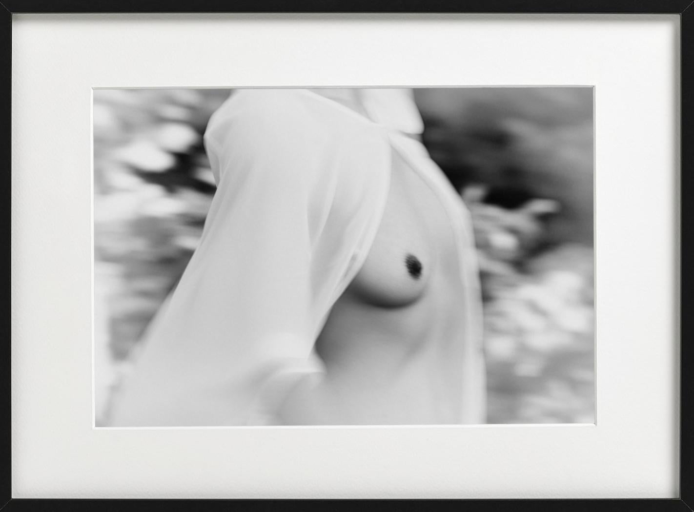 Judith - black and white nude showing exposed breasts under a white silk blouse For Sale 4
