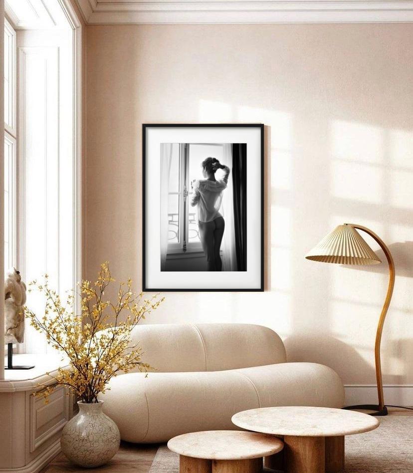 Meet Me in Paris - black and white nude from behind in front of Parisian window - Gray Black and White Photograph by Tina Trumpp