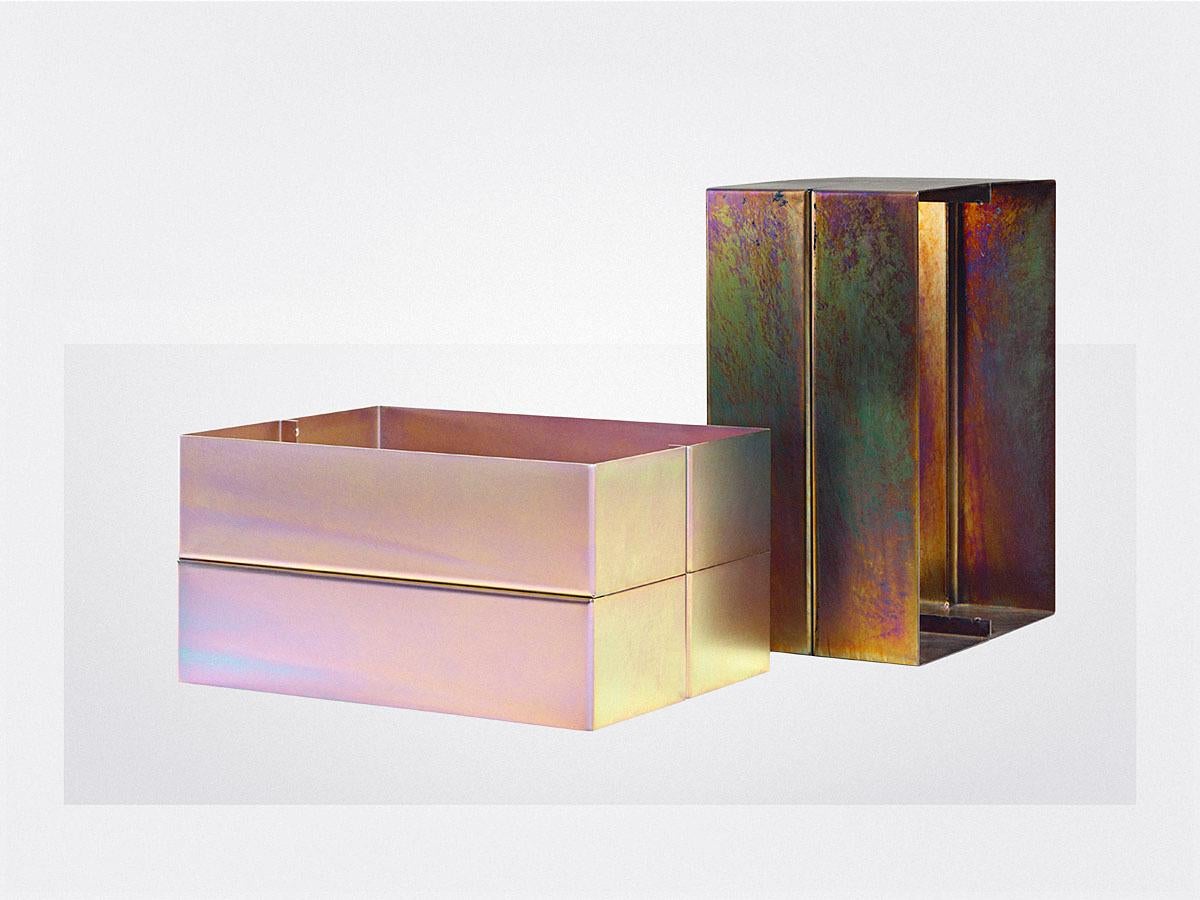Two side tables in zinc electroplated metal. Also available for sale individually.

Based in Eindhoven, Luuk van den Broek is working in the field between art and industrial design. Intuitively looking for the deepest colour, the most logical