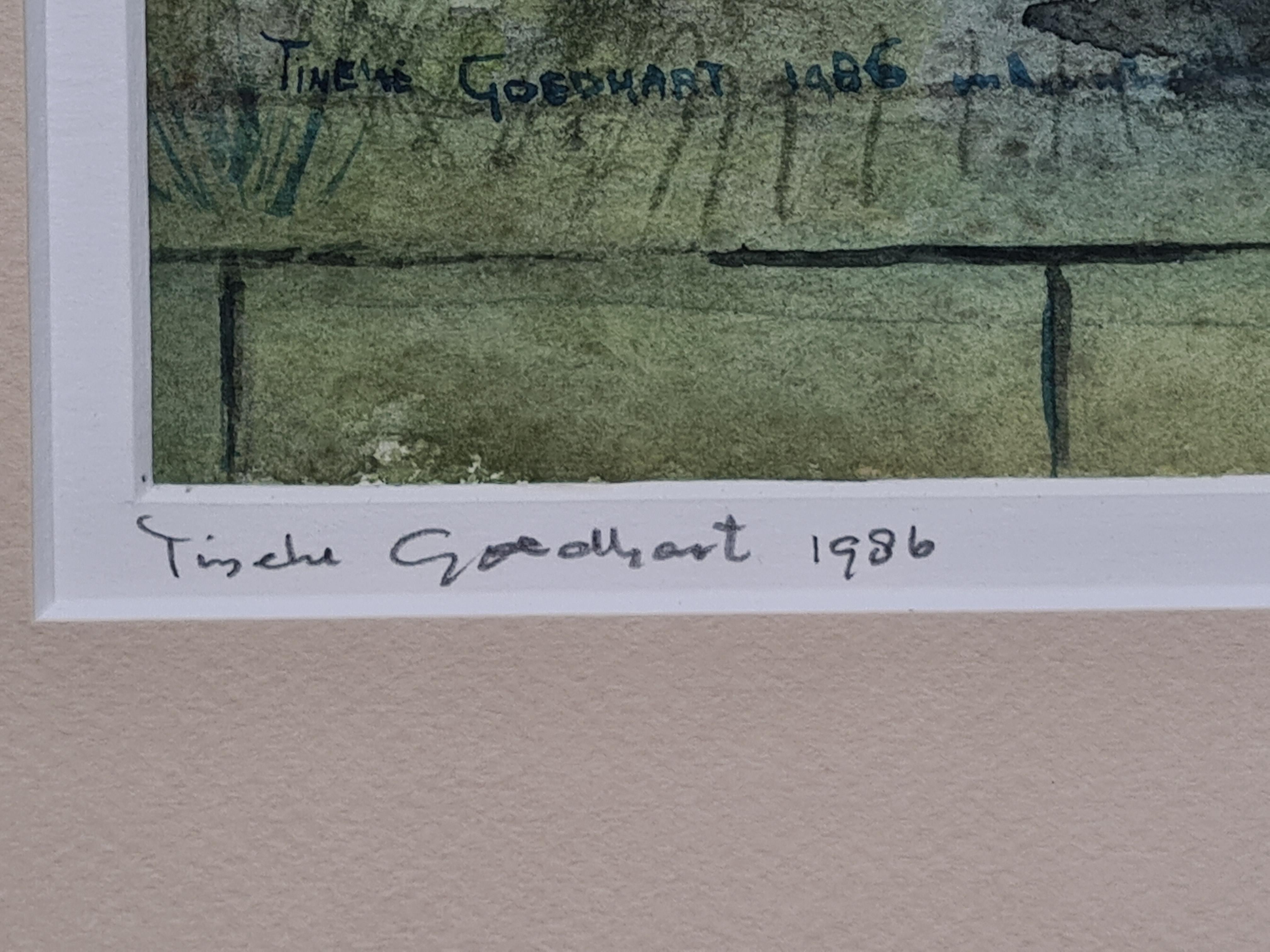 Aquarelle hollandaise d'un bâtiment classique par Tineke Goedhart. Le tableau est signé et daté en bas à gauche et signé, daté et situé sur le support. Il est présenté dans un cadre fin et doré avec un double montage de cartes, sous verre. Etiquette