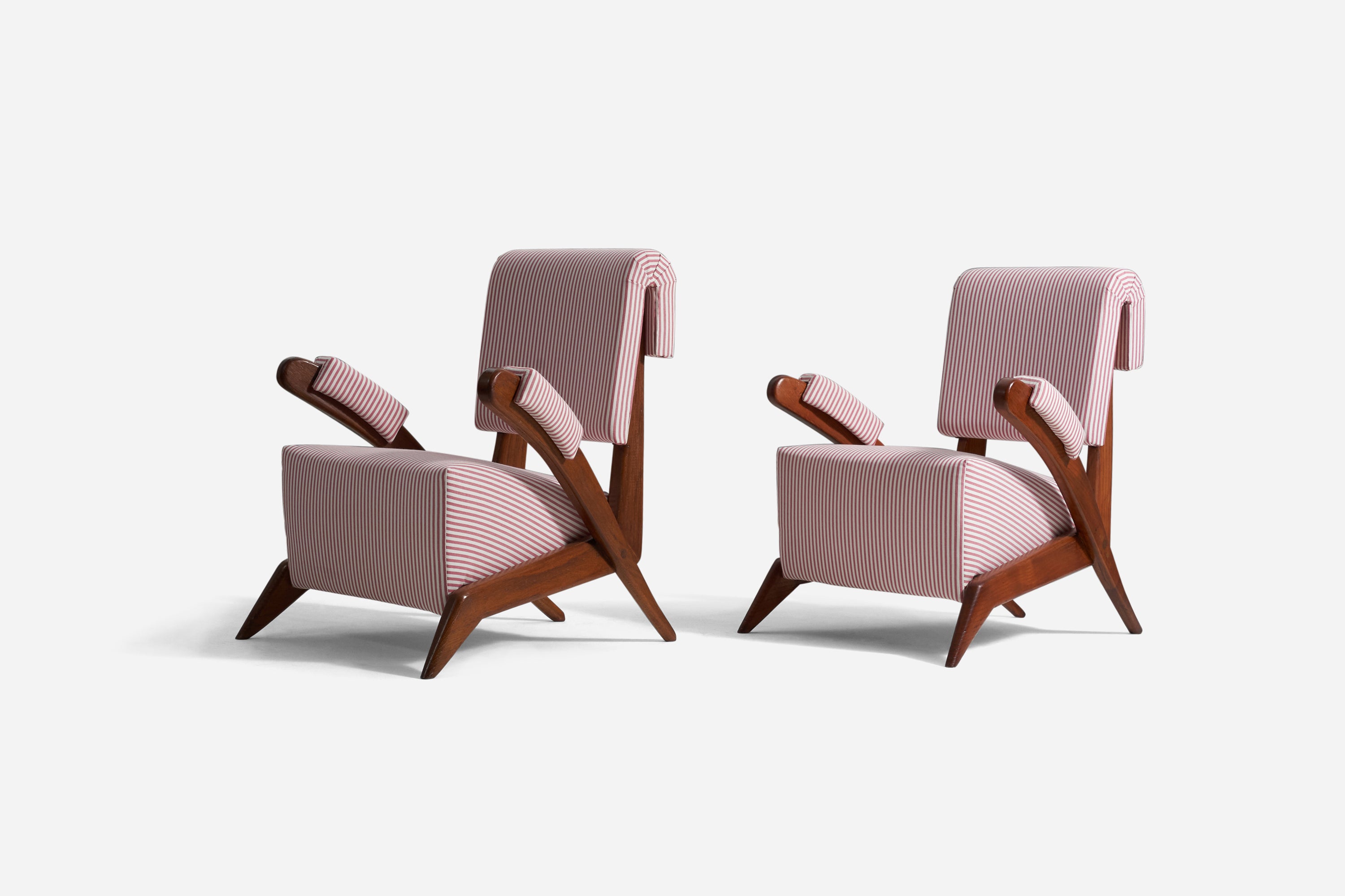 Tino De Silva, Rare Lounge Chairs, Cherrywood, Fabric, Italy, c. 1962