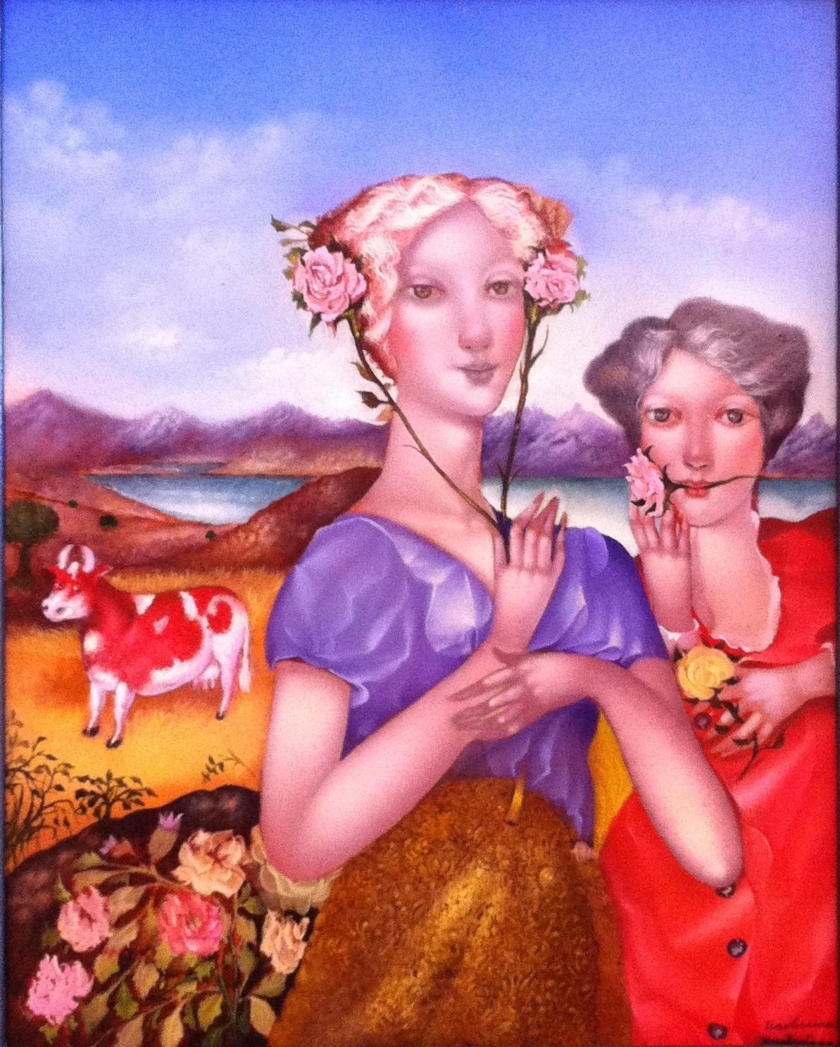 Tino Luciano Portrait Painting - At Dawn Oil Painting on Panel Ladies Portrait Cow Animal Landscape In Stock