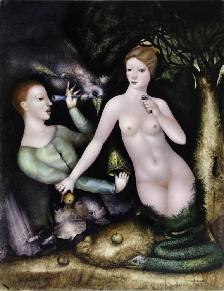 Tino Luciano Figurative Painting – Genesis, Ölgemälde auf Tafel, Beginn der Bibel, Adam und Eva, auf Lager 