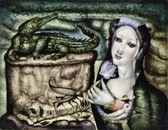 Peinture à l'huile sur panneau de Risvegli, portrait de femme croisée d'animaux et de fleurs, en stock 