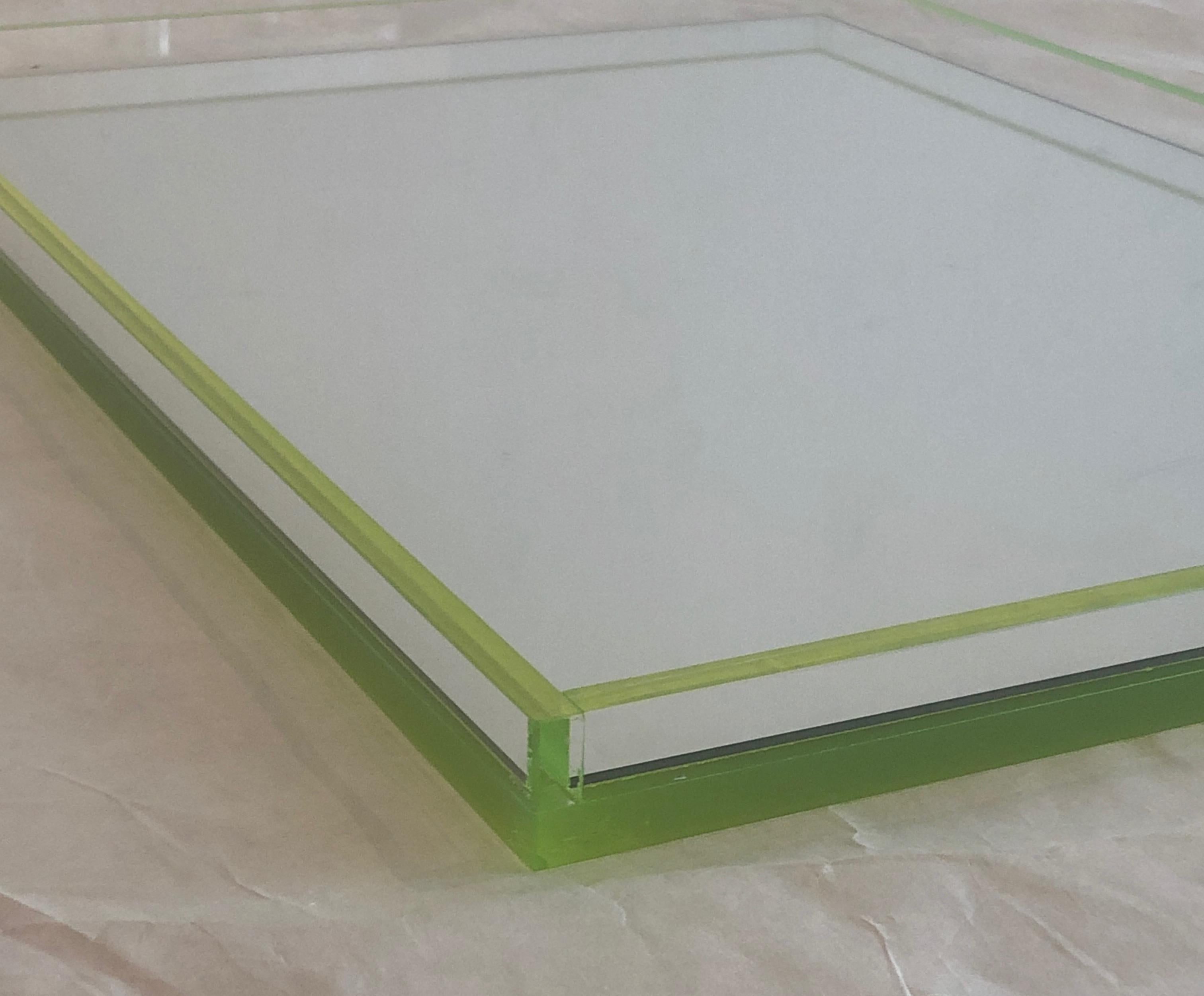 Tinsley Mortimer Clear Lucite, Neon Green Accents and Mirror Cocktail Ware Tray 3