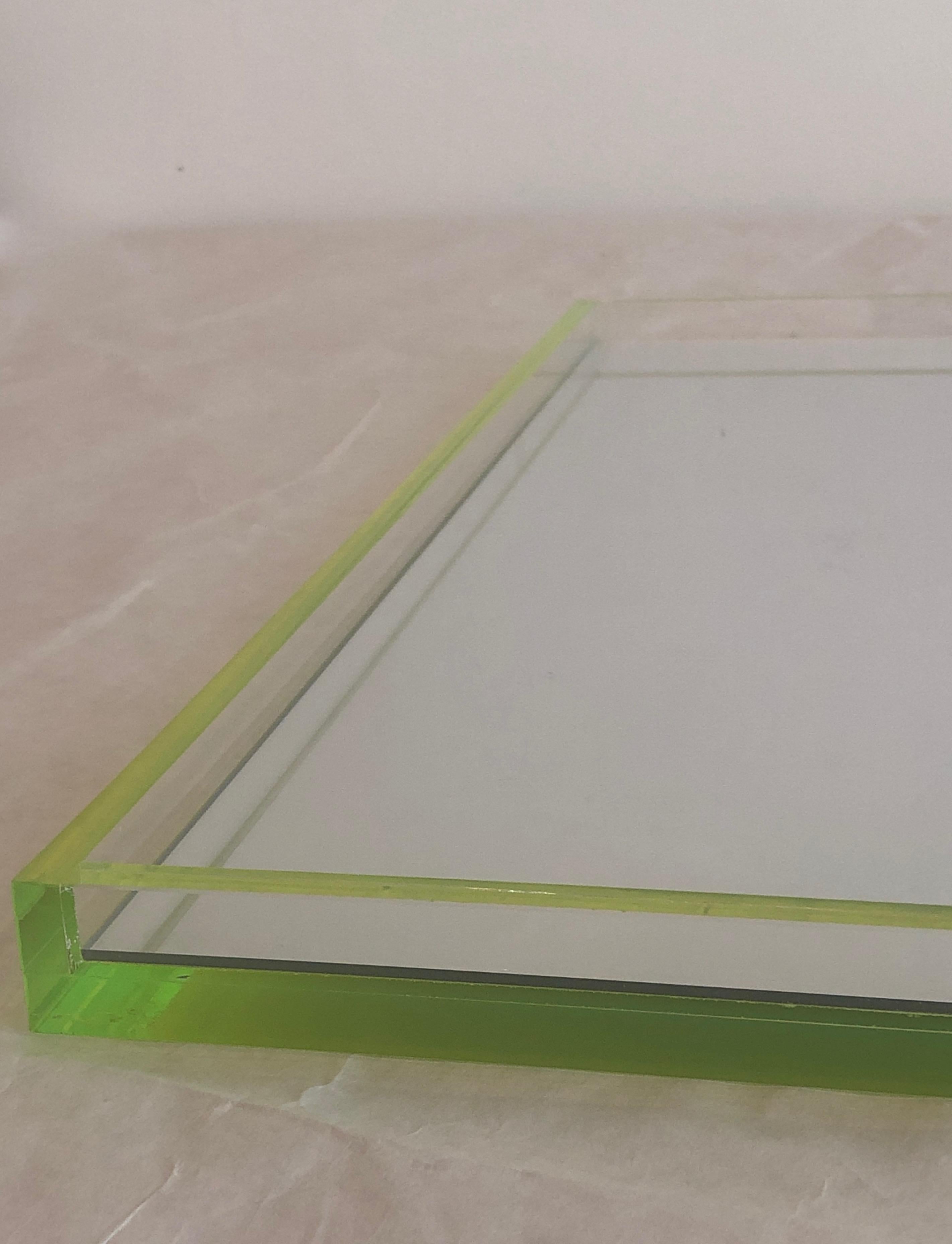 Tinsley Mortimer Clear Lucite, Neon Green Accents and Mirror Cocktail Ware Tray 6