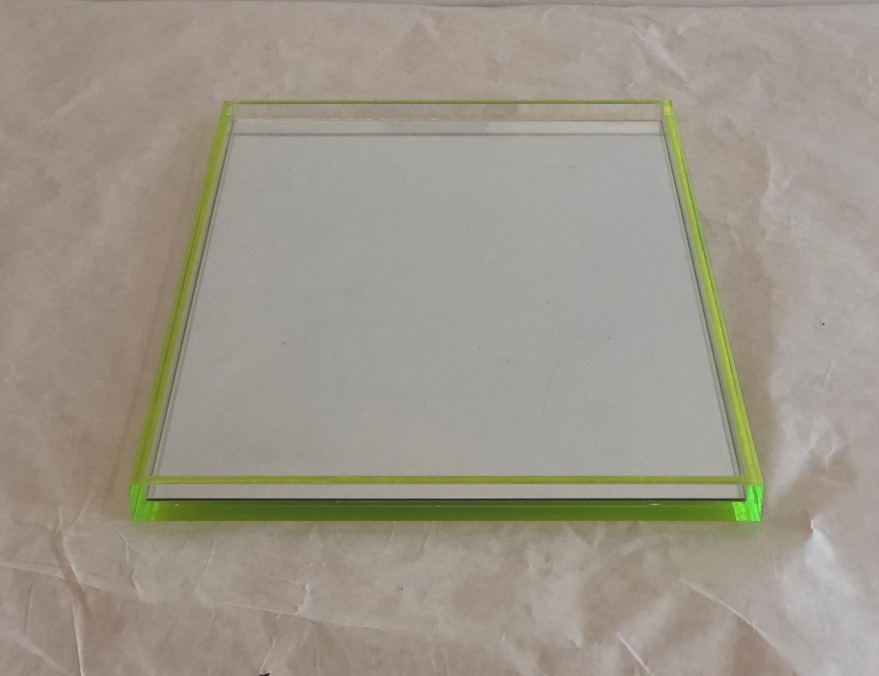 Post-Modern Tinsley Mortimer Clear Lucite, Neon Green Accents and Mirror Cocktail Ware Tray