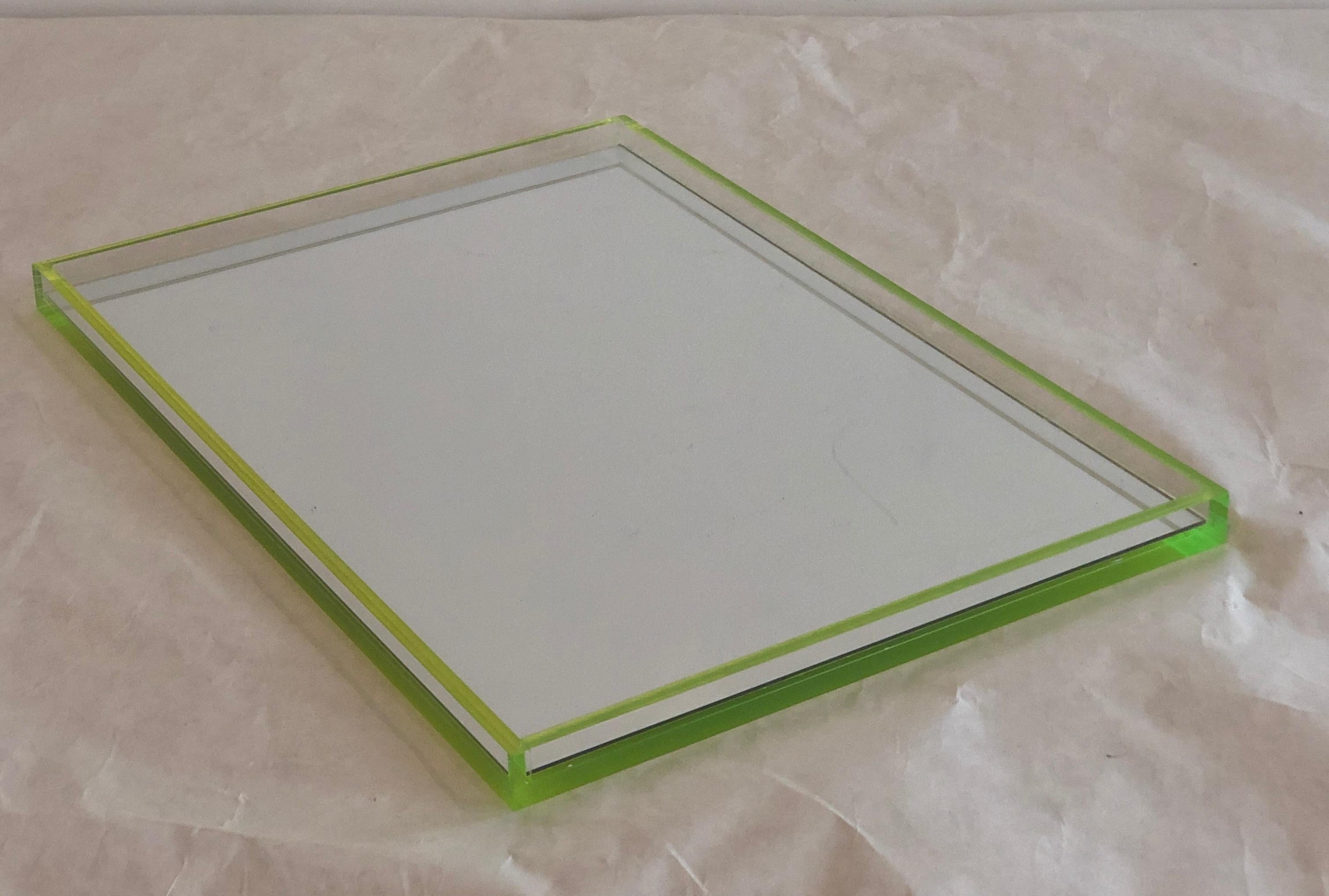 American Tinsley Mortimer Clear Lucite, Neon Green Accents and Mirror Cocktail Ware Tray