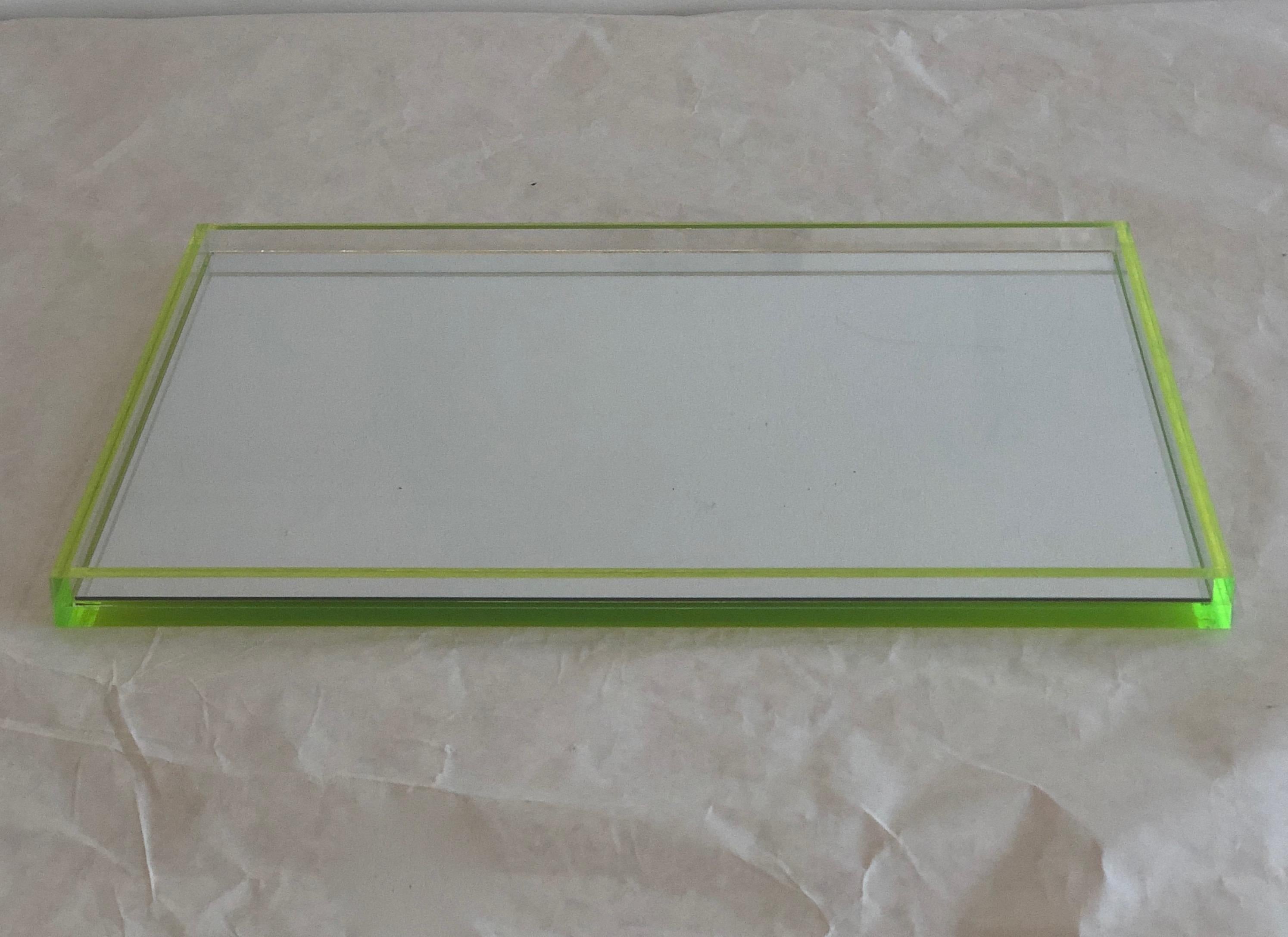 Tinsley Mortimer Clear Lucite, Neon Green Accents and Mirror Cocktail Ware Tray In Good Condition In Houston, TX