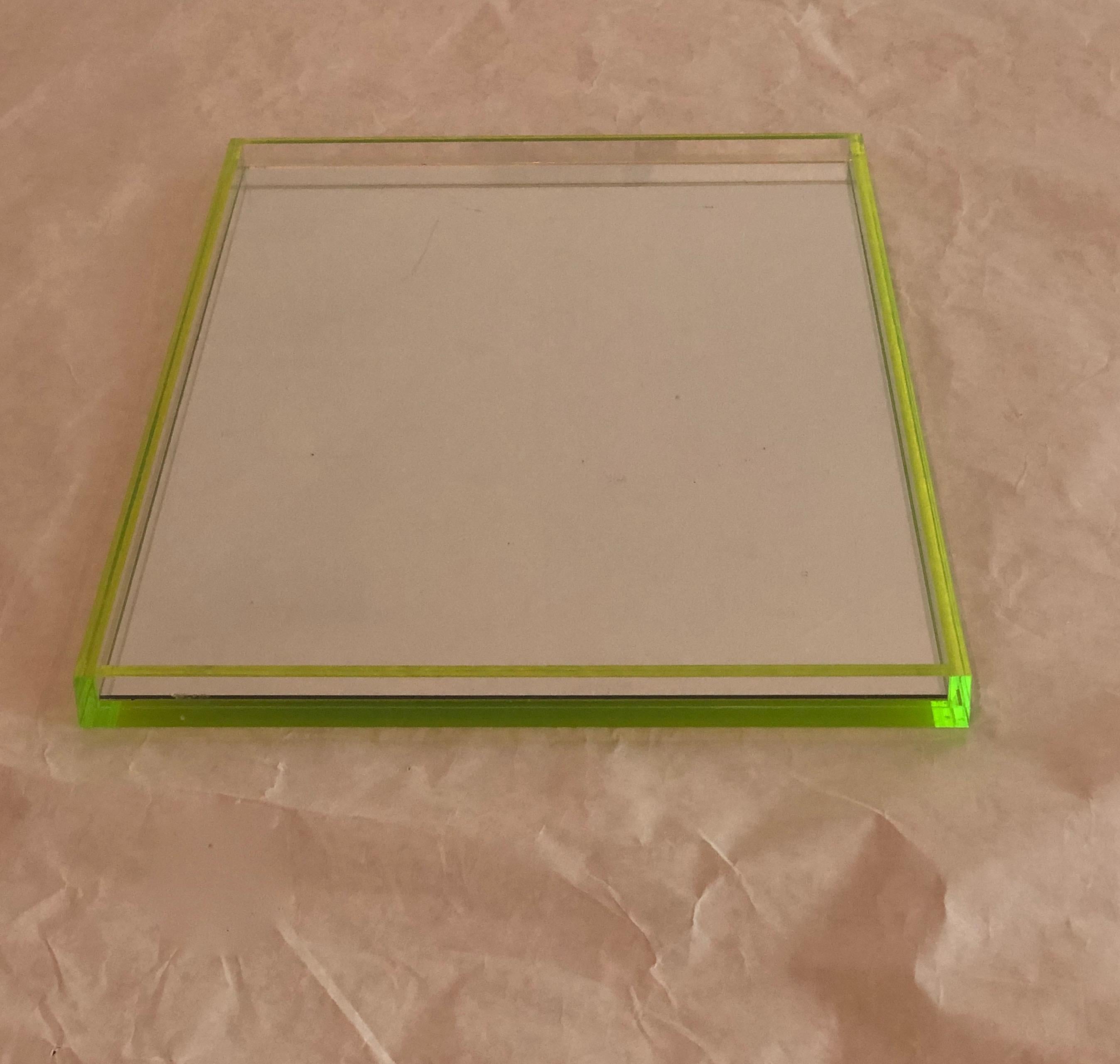 Contemporary Tinsley Mortimer Clear Lucite, Neon Green Accents and Mirror Cocktail Ware Tray