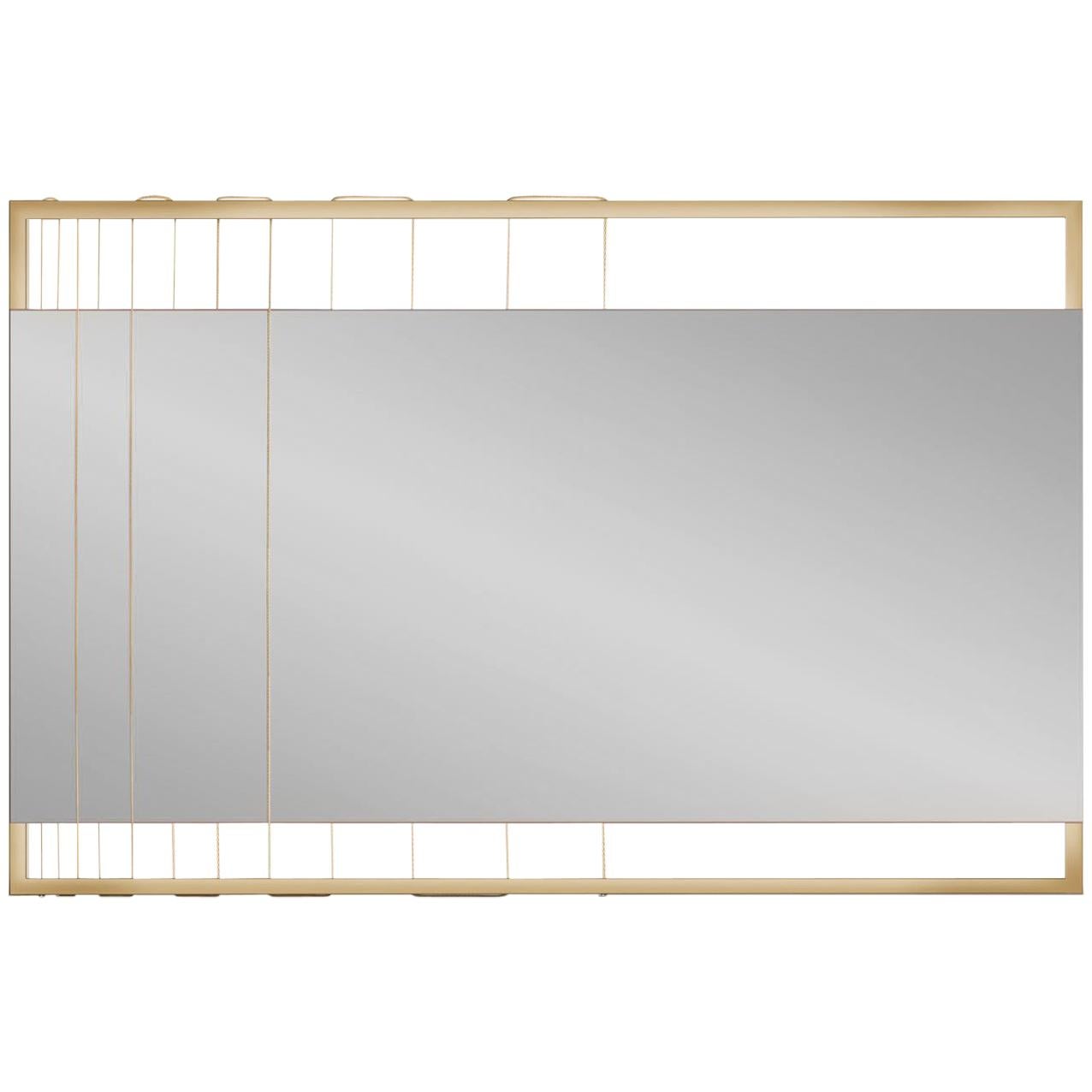 Tinted Contemporary Mirror on a Gold Metal Frame with Brass Wire For Sale