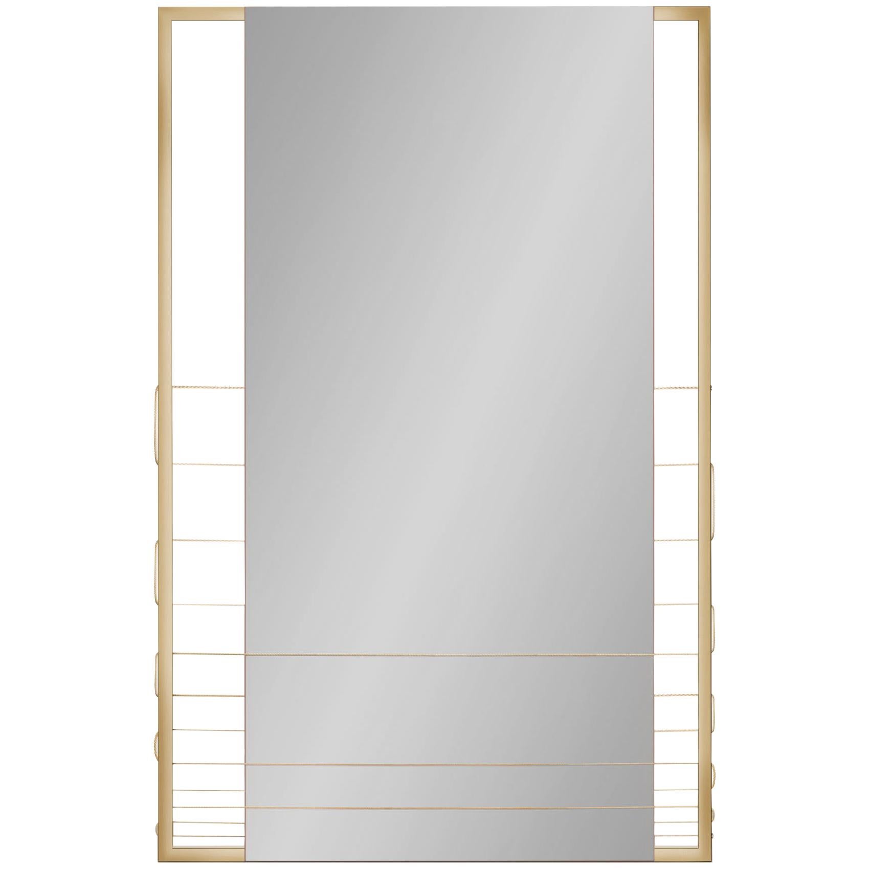 Tinted Contemporary Mirror on a Gold Metal Frame with Brass Wire For Sale