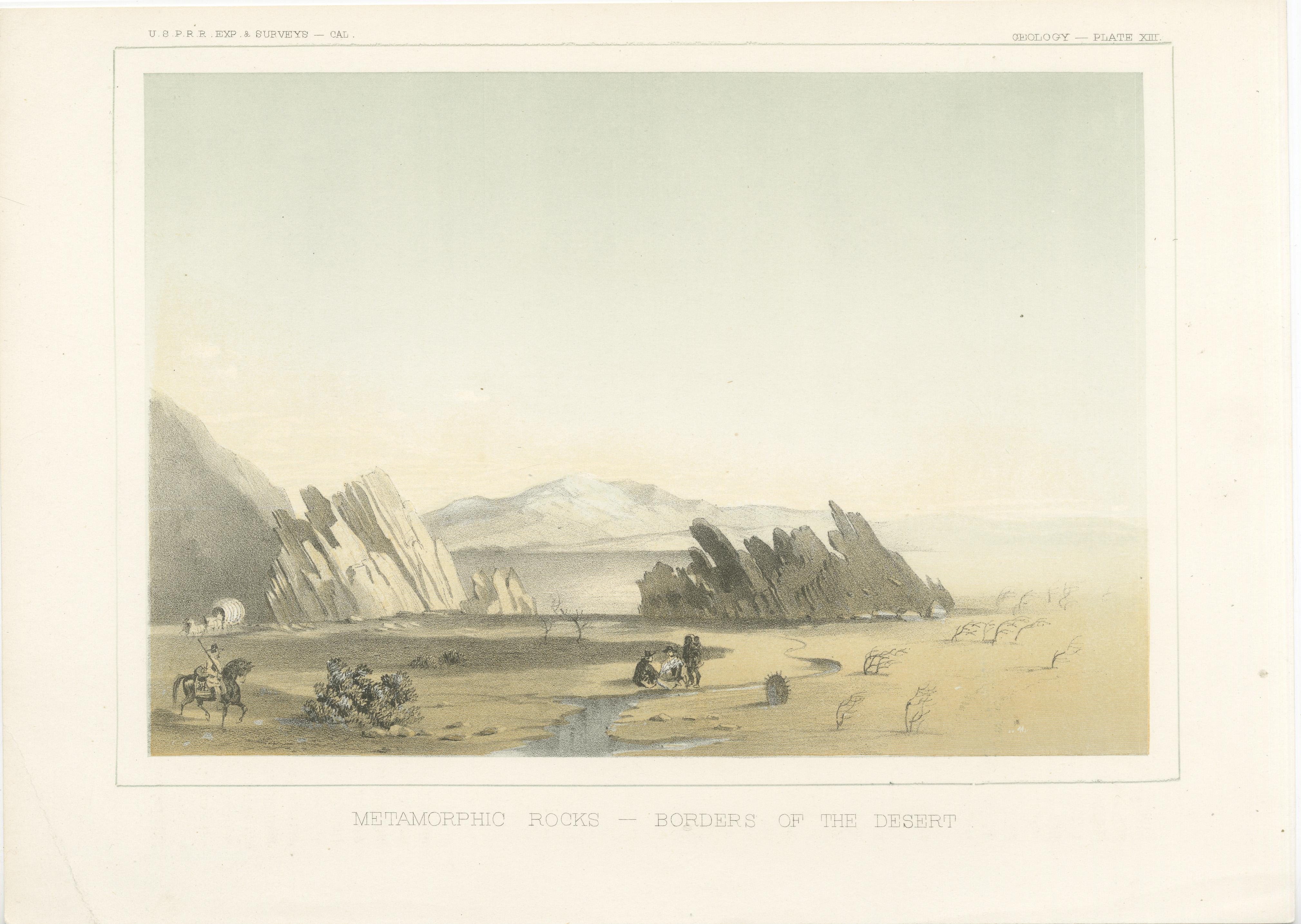 Titel: Getönte Lithographie von metamorphen Gesteinen am Rande der Wüste, 1856  

Beschreibung:  Diese eindrucksvolle Lithografie 