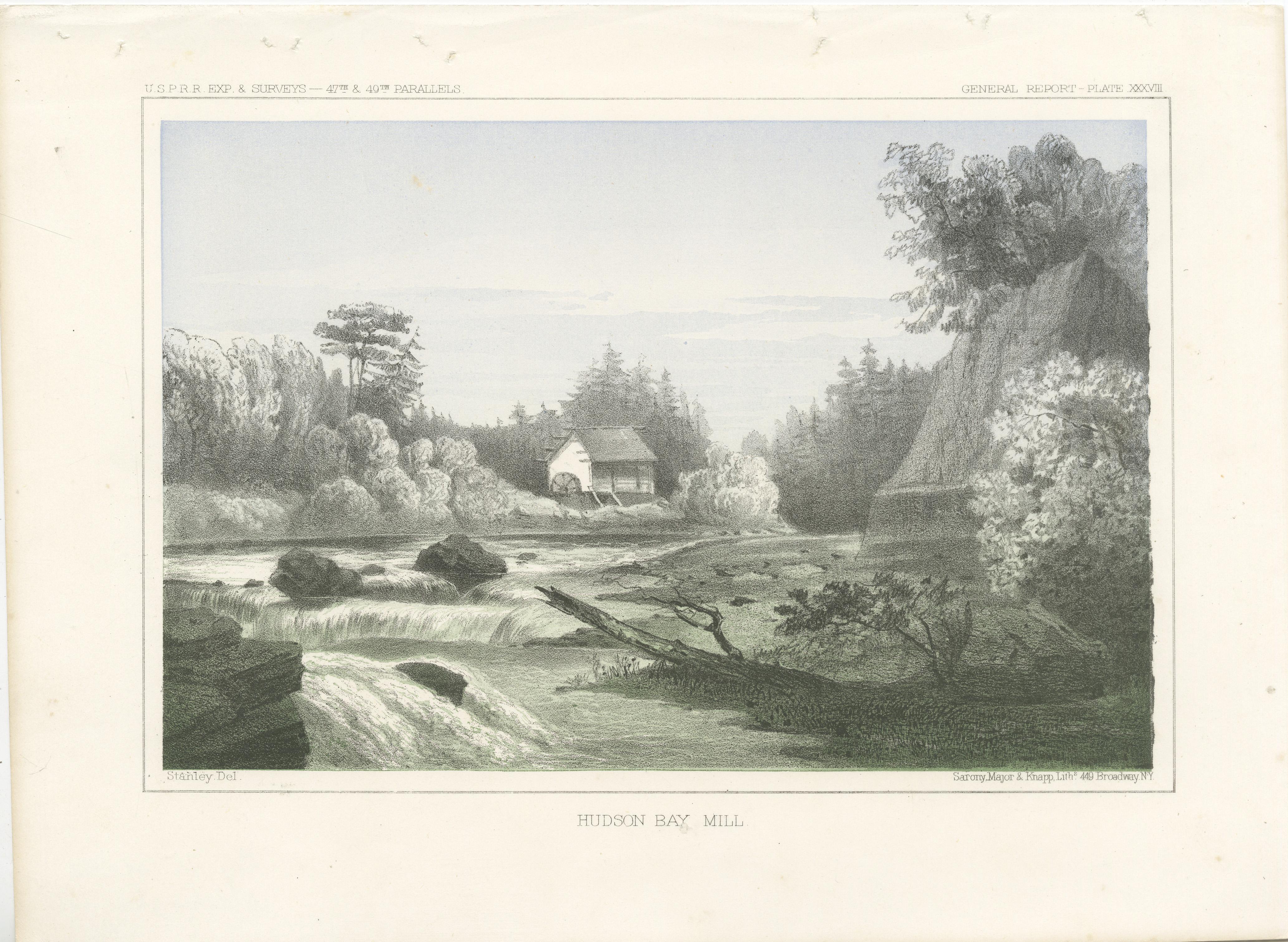 Titel: Getönte Lithographie der Hudson Bay Mühle, 1856  

Beschreibung:  Diese exquisite Lithografie 
