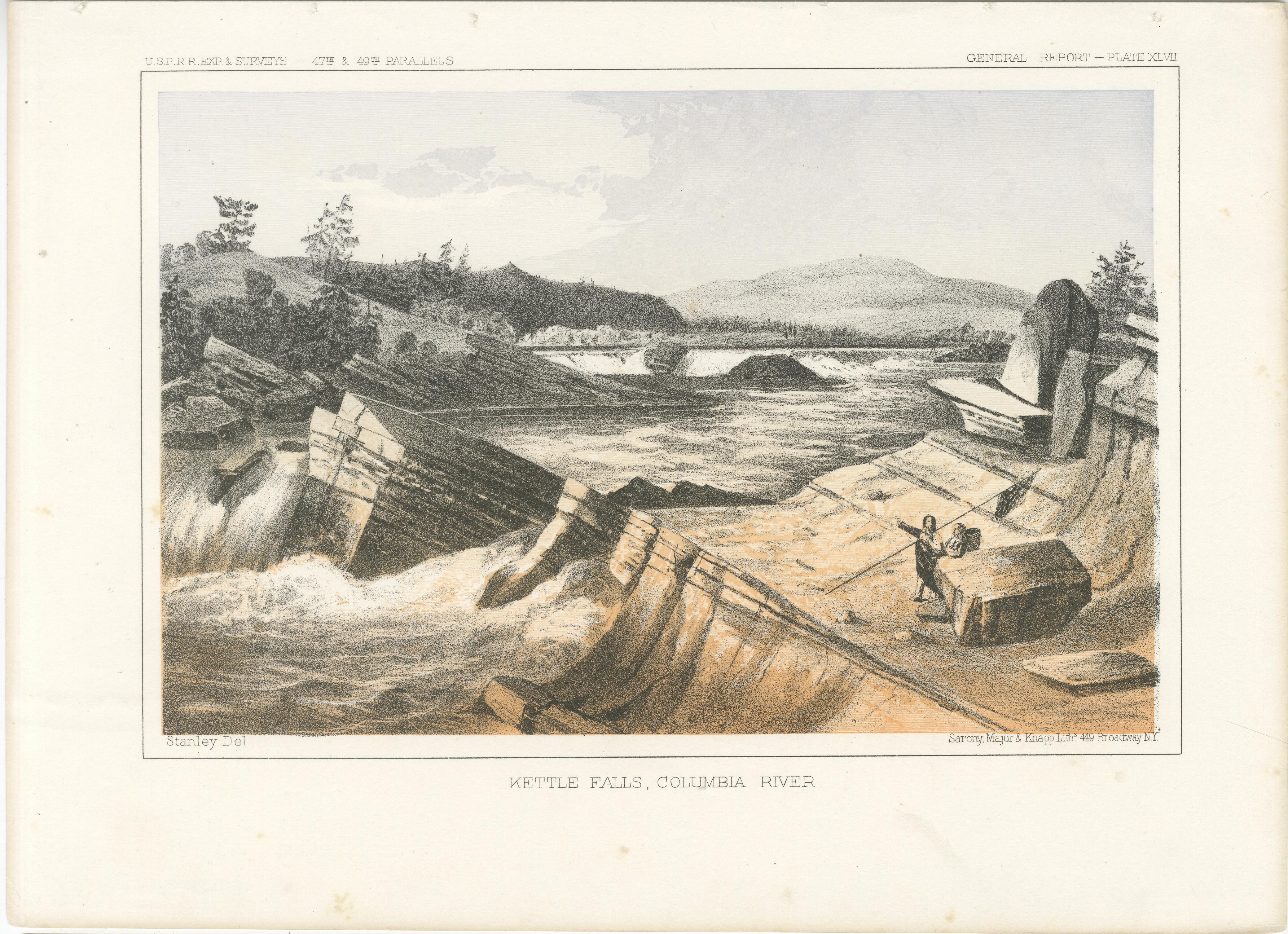 Titolo: Litografia colorata di Kettle Falls sul fiume Columbia, 1856  

Descrizione:  
Questa splendida litografia, 