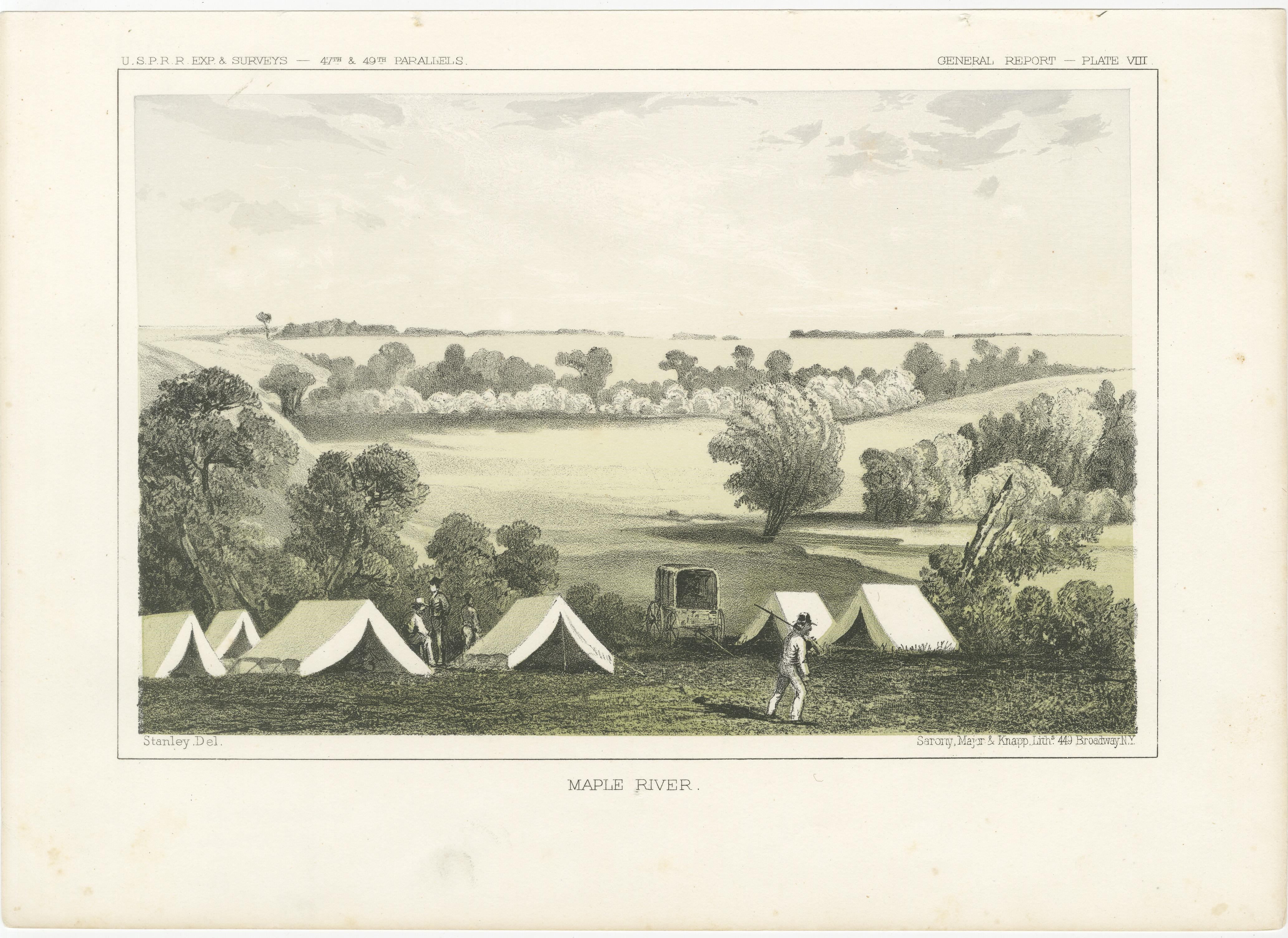 Malerische Lagerszene am Maple River - Historische Lithographie aus dem 19.  

Beschreibung: Diese bezaubernde Lithografie zeigt ein ruhiges Camp am Maple River mit Reihen von Zelten vor einer üppigen und weitläufigen Naturkulisse. Die Szene