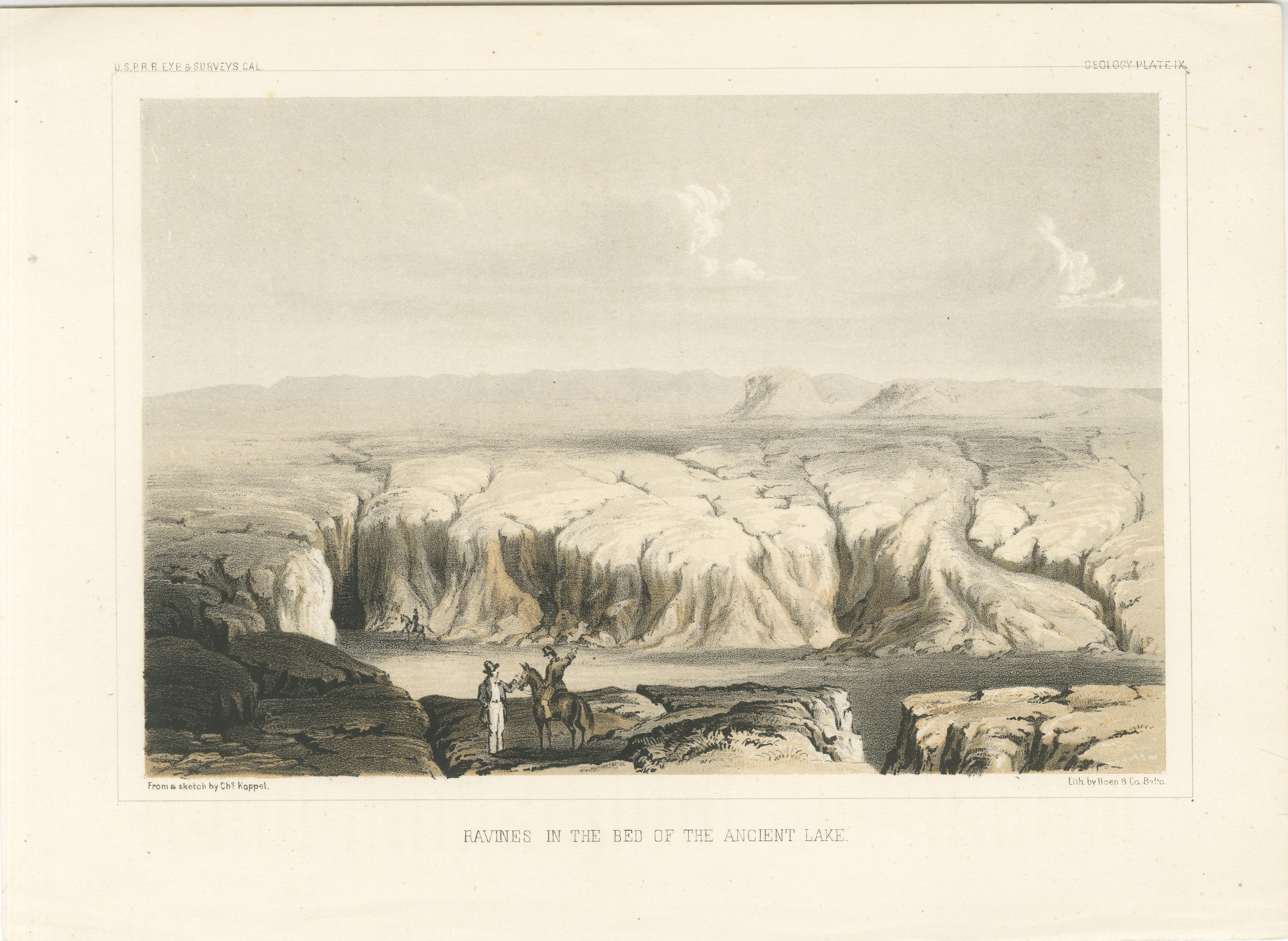 Titolo: Litografia colorata delle gole nel letto del lago antico, 1856  

Descrizione:  
Questa accattivante litografia, 