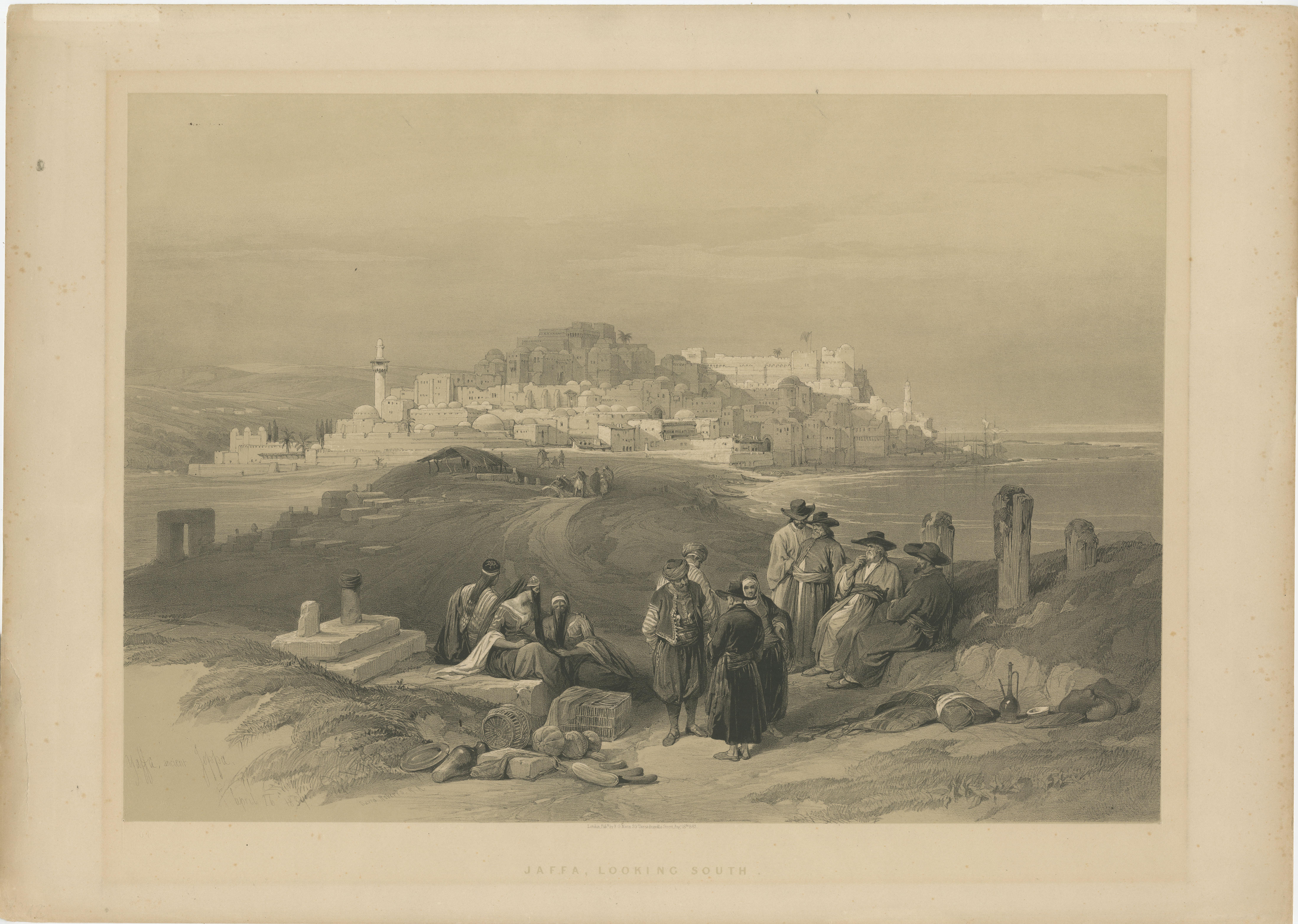 Antique print titled 'Jaffa, looking south'. Tinted lithograph of Jaffa. Jaffa, in Hebrew Yafo and in Arabic Yafa and also called Japho or Joppa, is an ancient Levantine port city founded by the Canaanites that is now part of southern Tel Aviv,