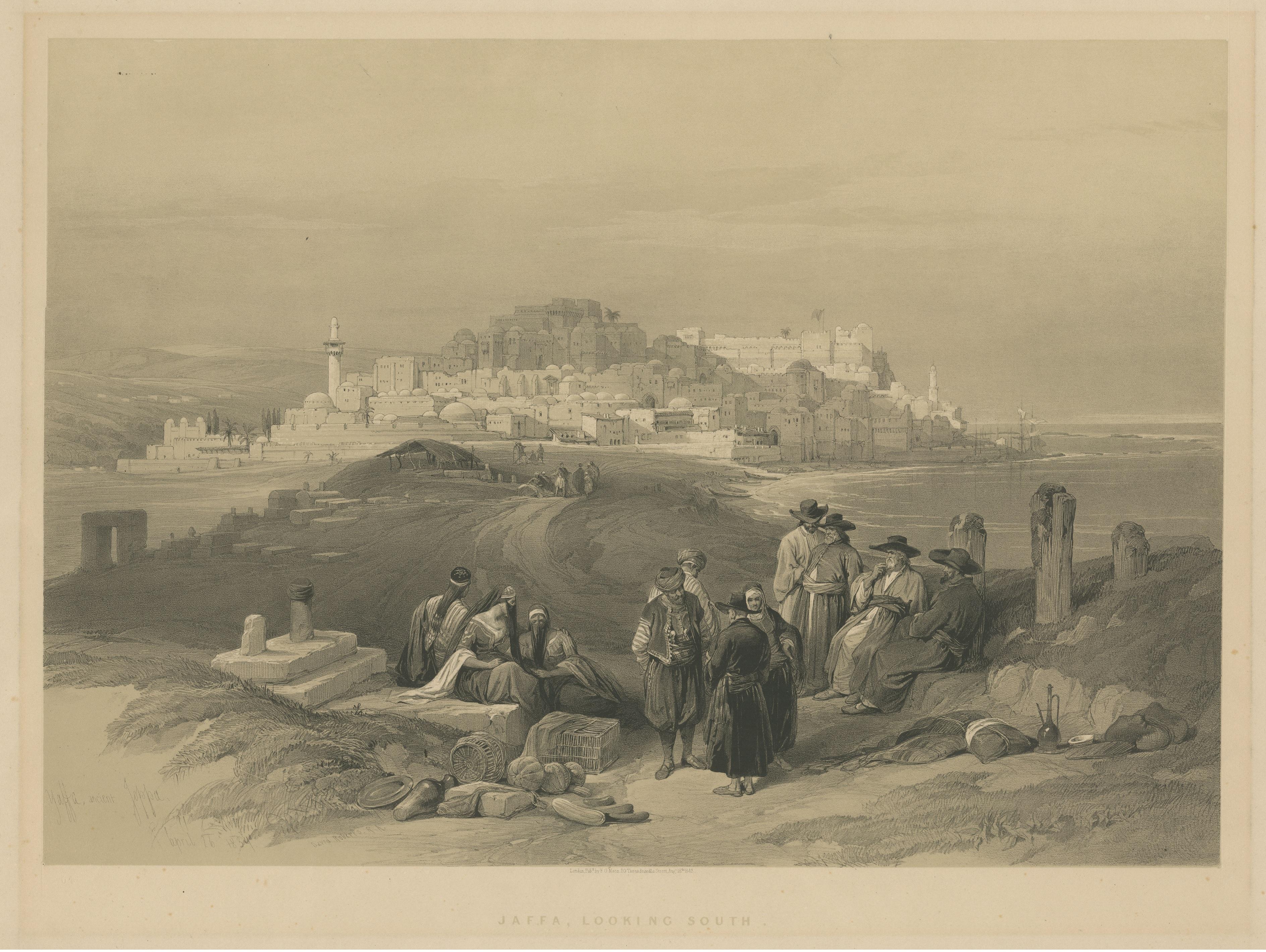 Tinted lithograph of the City of Jaffa In Fair Condition For Sale In Langweer, NL