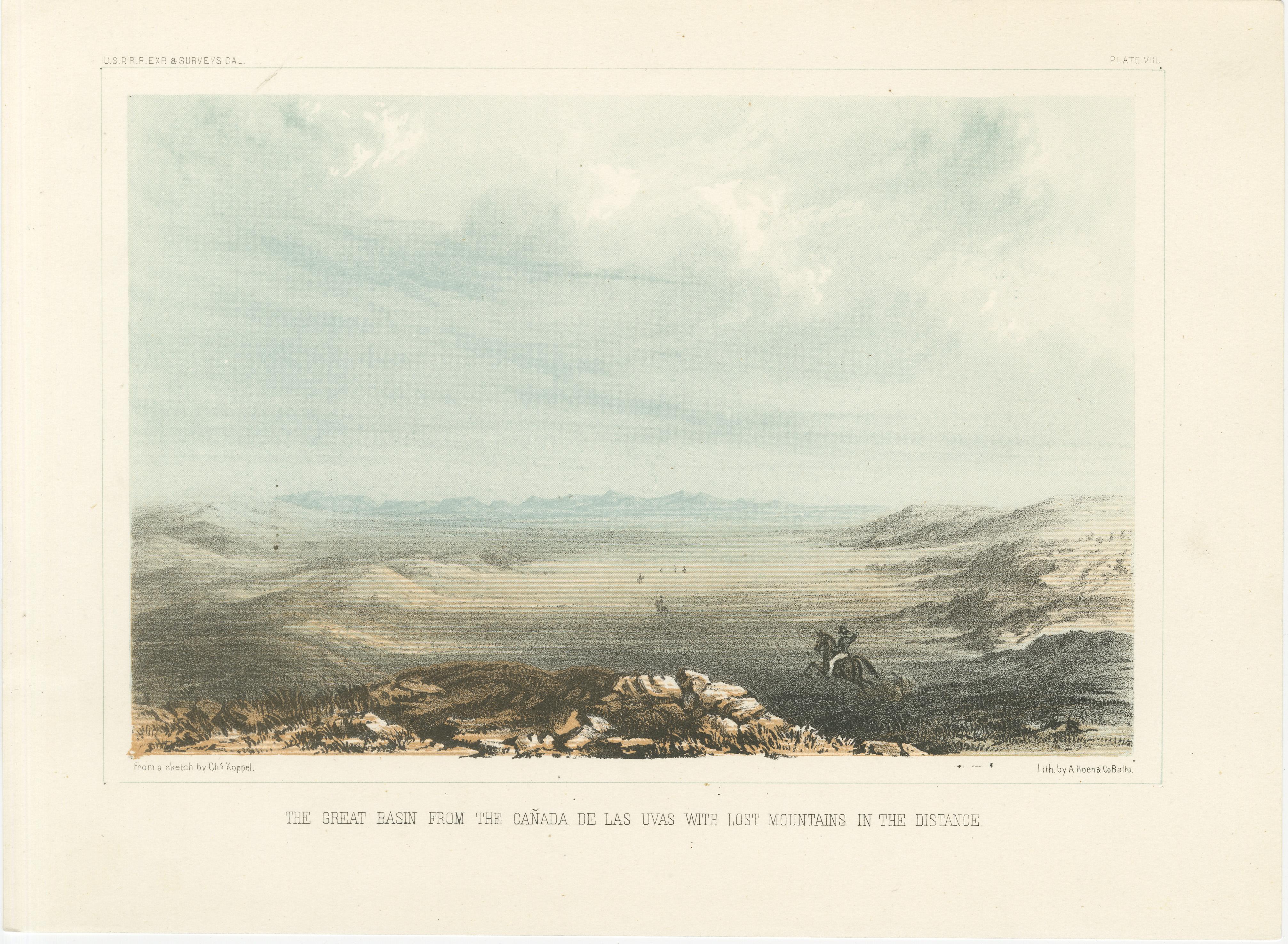 Titel: Getönte Lithographie des Großen Beckens von Canada de las Uvas, 1856  

Beschreibung:  
Diese stimmungsvolle Lithografie, 