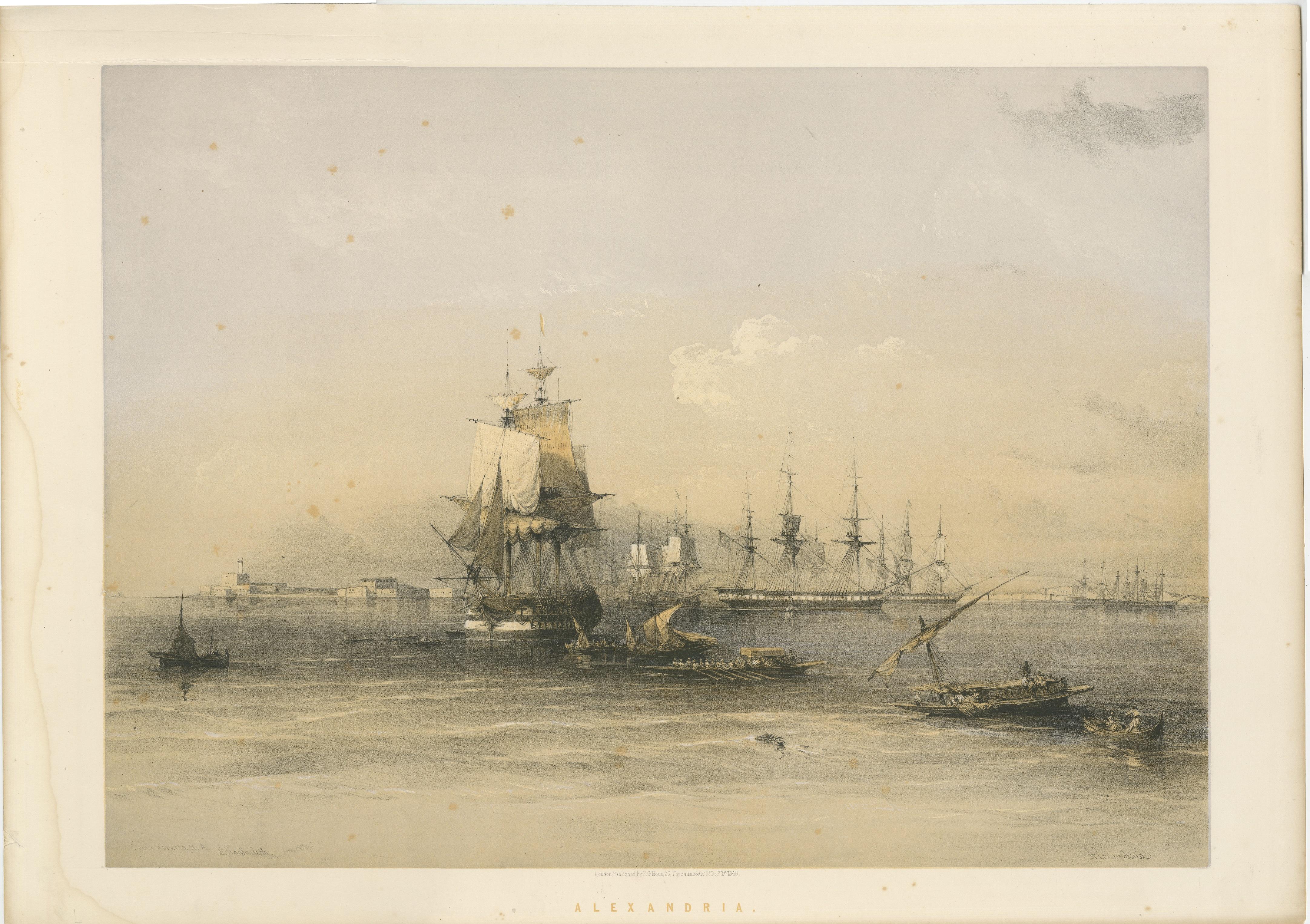 Antique print titled 'Alexandria'. Tinted lithograph of Alexandria, Egypt, with many ships. This print originates from 'The Holy Land, Syria, Idumea, Arabia, Egypt & Nubia' by David Roberts. Published 1842-49.

David Roberts (1769-1864), was one of
