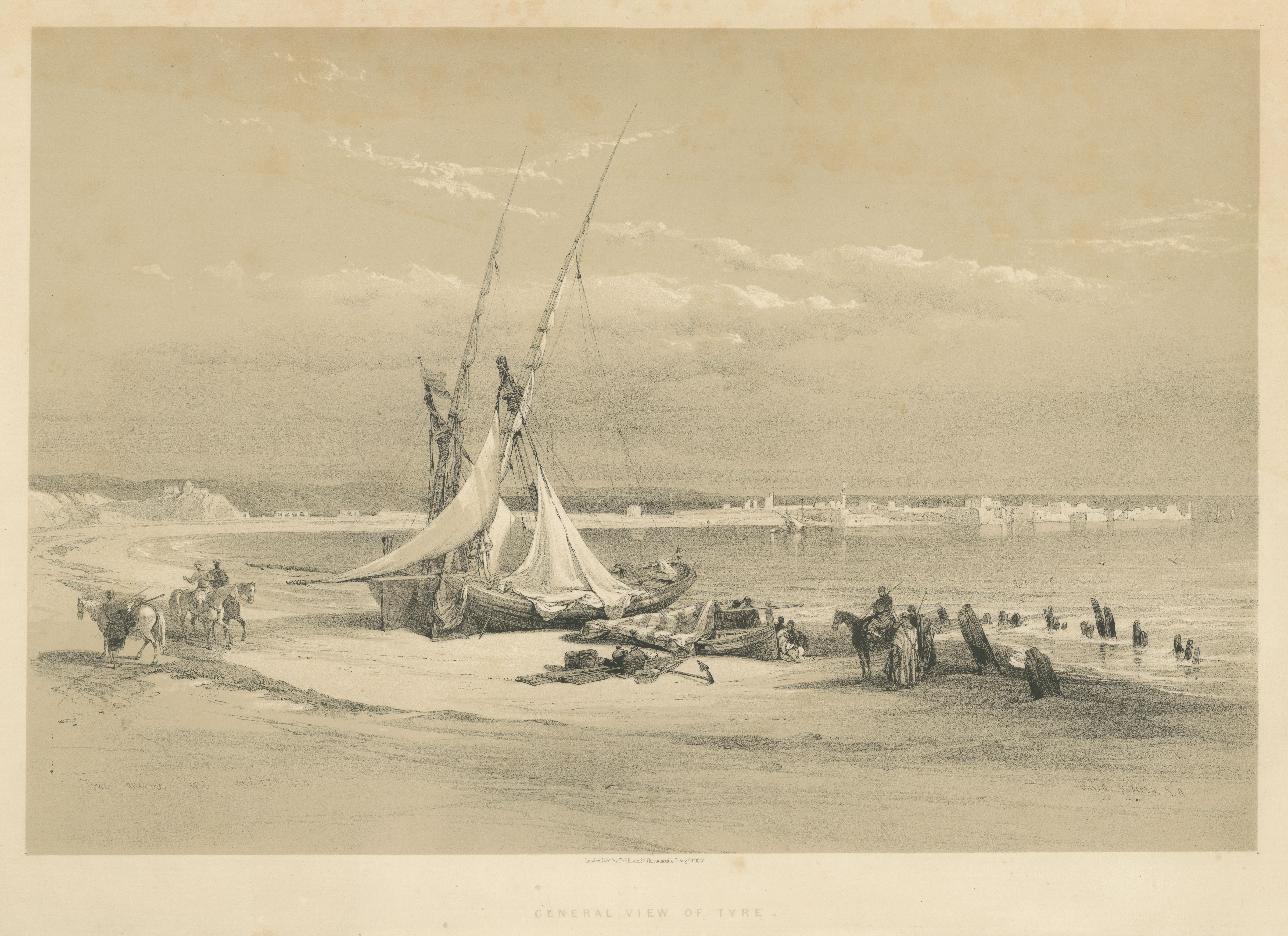 Lithographie originale teintée d'une vue de Tyr, Liban, vers 1845 État moyen - En vente à Langweer, NL