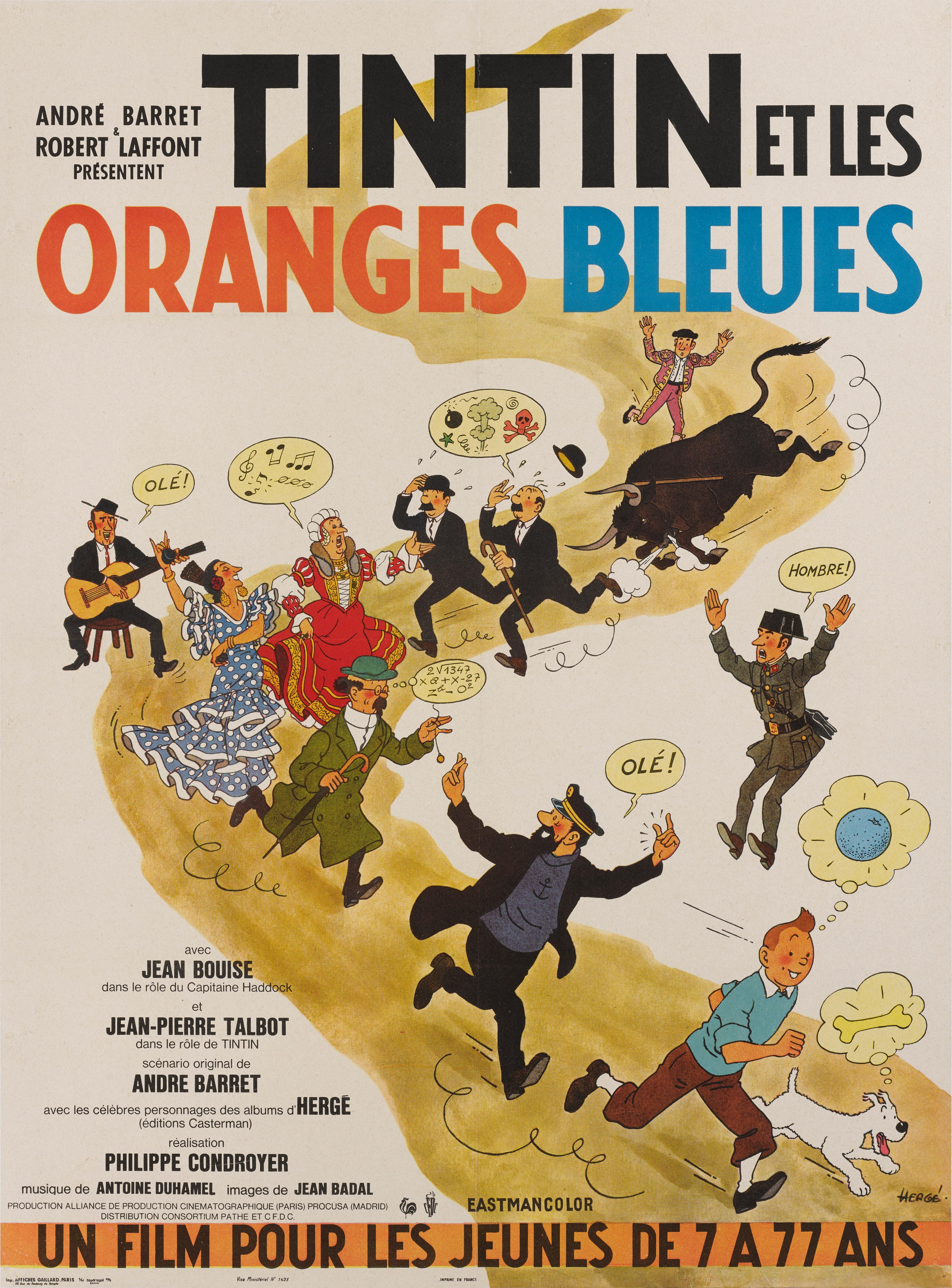 Originales französisches Filmplakat für den Advenure-Film Tintin et les Oranges Bleues von 1964. Das Kunstwerk auf diesem Plakat stammt von Georges Prosper Remi, bekannt als Hergé (1907-1983)
Der Film mit Jean-Pierre Talbot und Jean Bouise in den