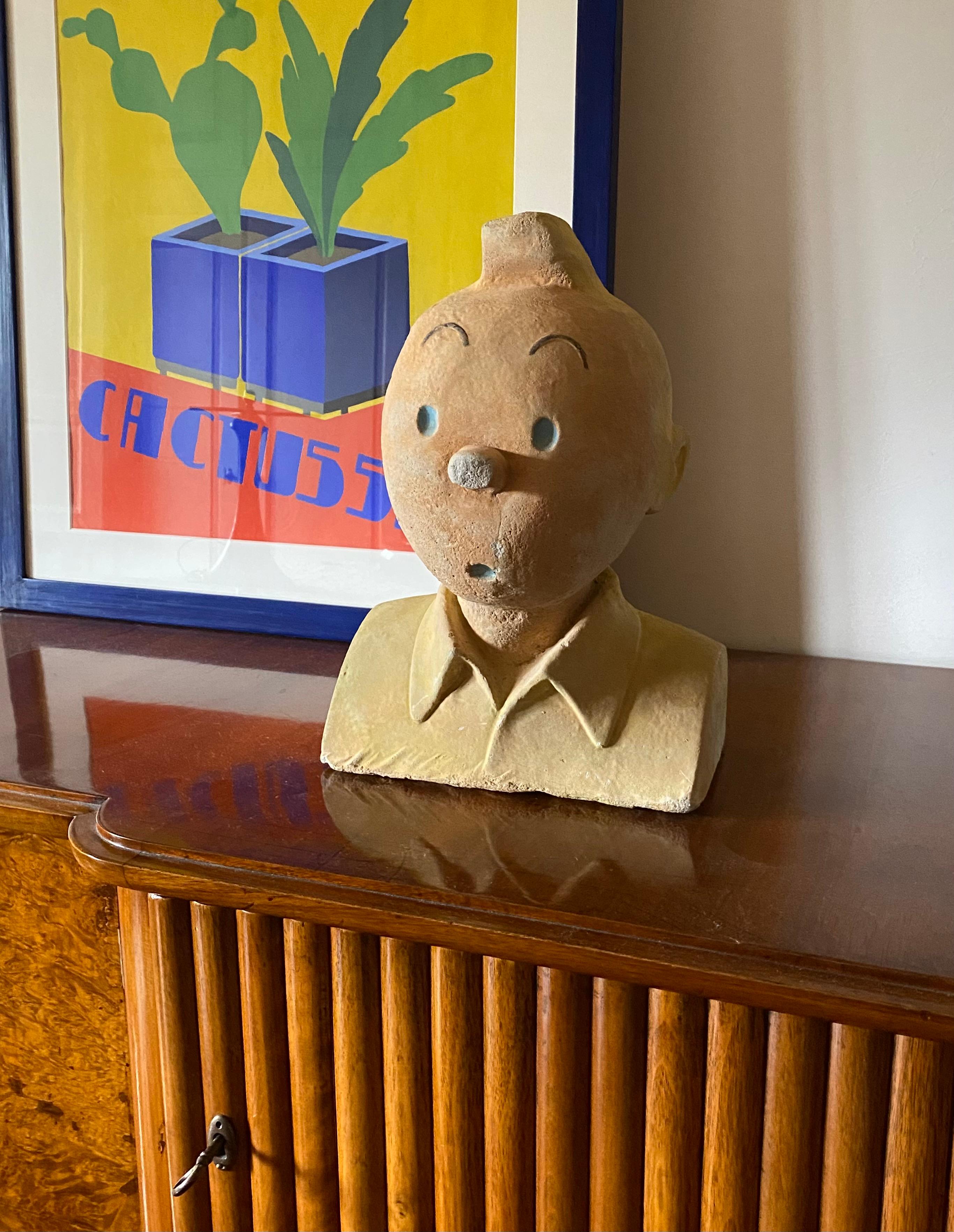 Artisanat Tintin, sculpture en buste massif en terre cuite, France vers 1960