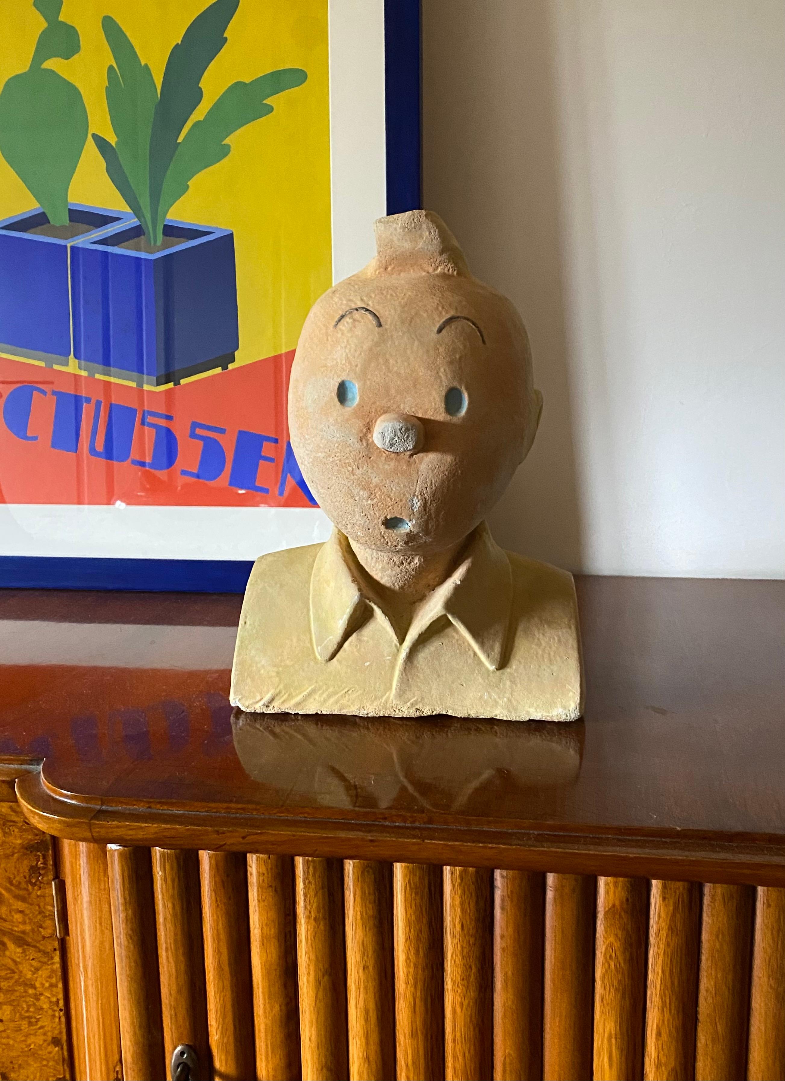French Tintin, sculpture en buste massif en terre cuite, France vers 1960