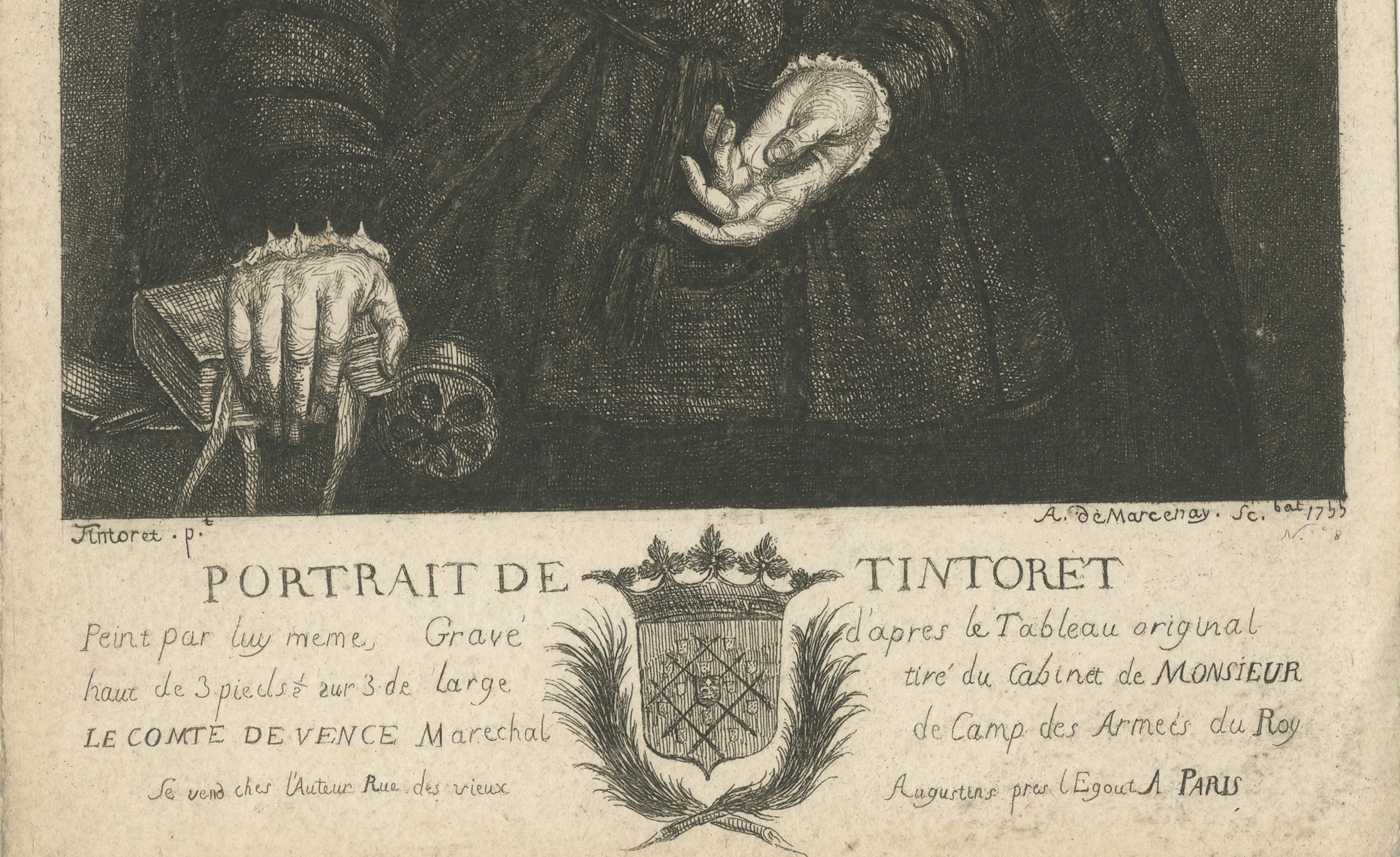 Tintoretto Portrait Engraving after Self Portrait, Antoine de Marcenay, 1755