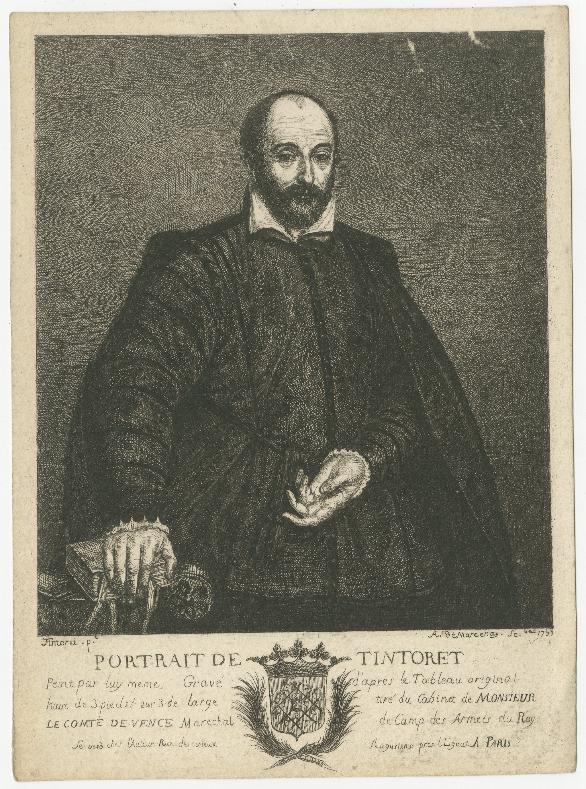 Tintoretto Portrait Engraving after Self Portrait, Antoine de Marcenay, 1755 For Sale