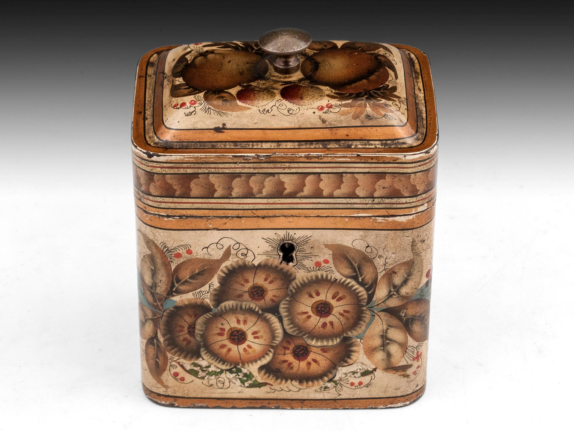 Antique Tinwear Tea Caddy

From our Tea Caddy collection, we are delighted to offer this documented early 19th century Tinwear tea caddy. The top of cushioned shape with raised handle decorated to the body with beautiful floral designs with blue