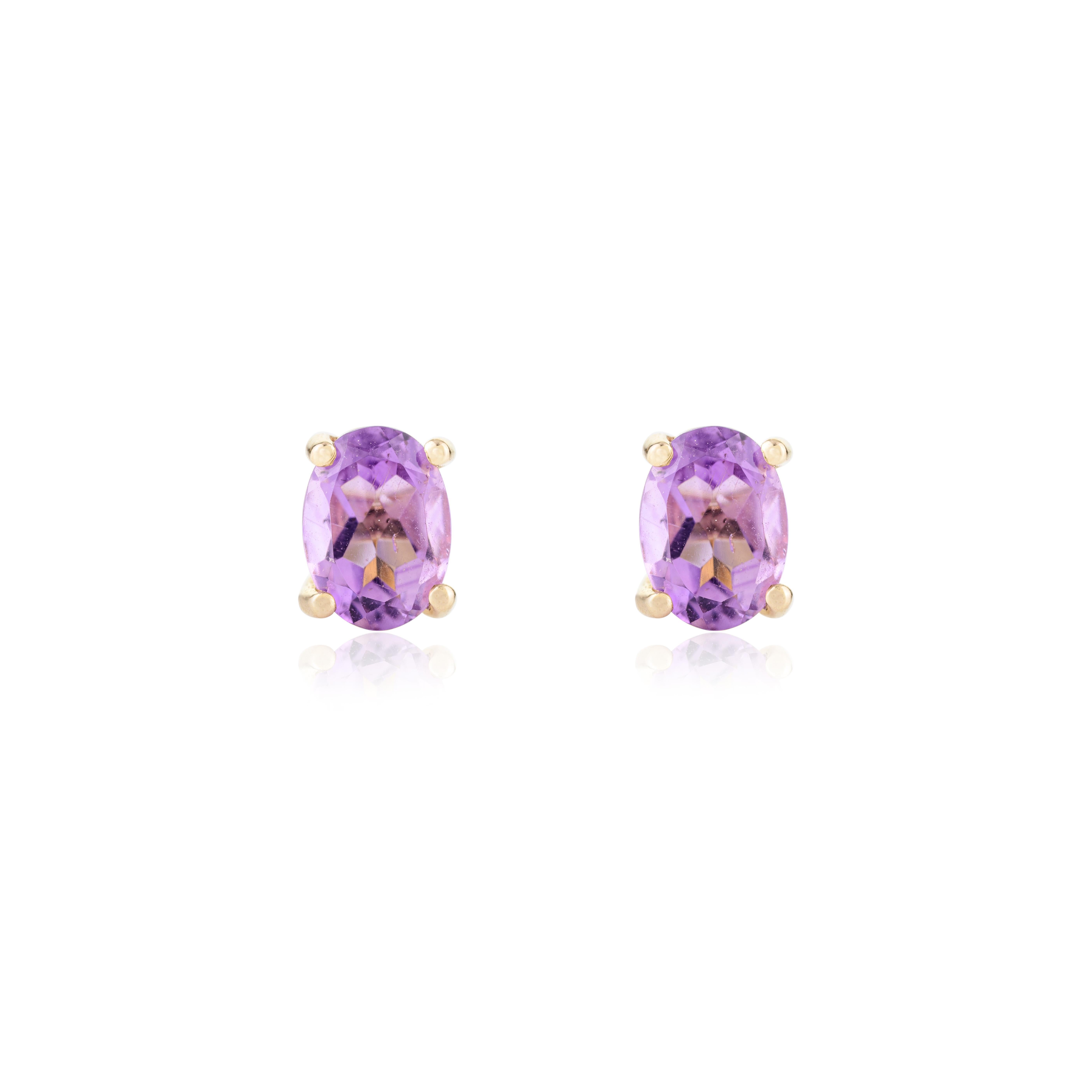 Pendientes de oro amarillo macizo de 14k con solitario de amatista para uso diario Modernista en venta