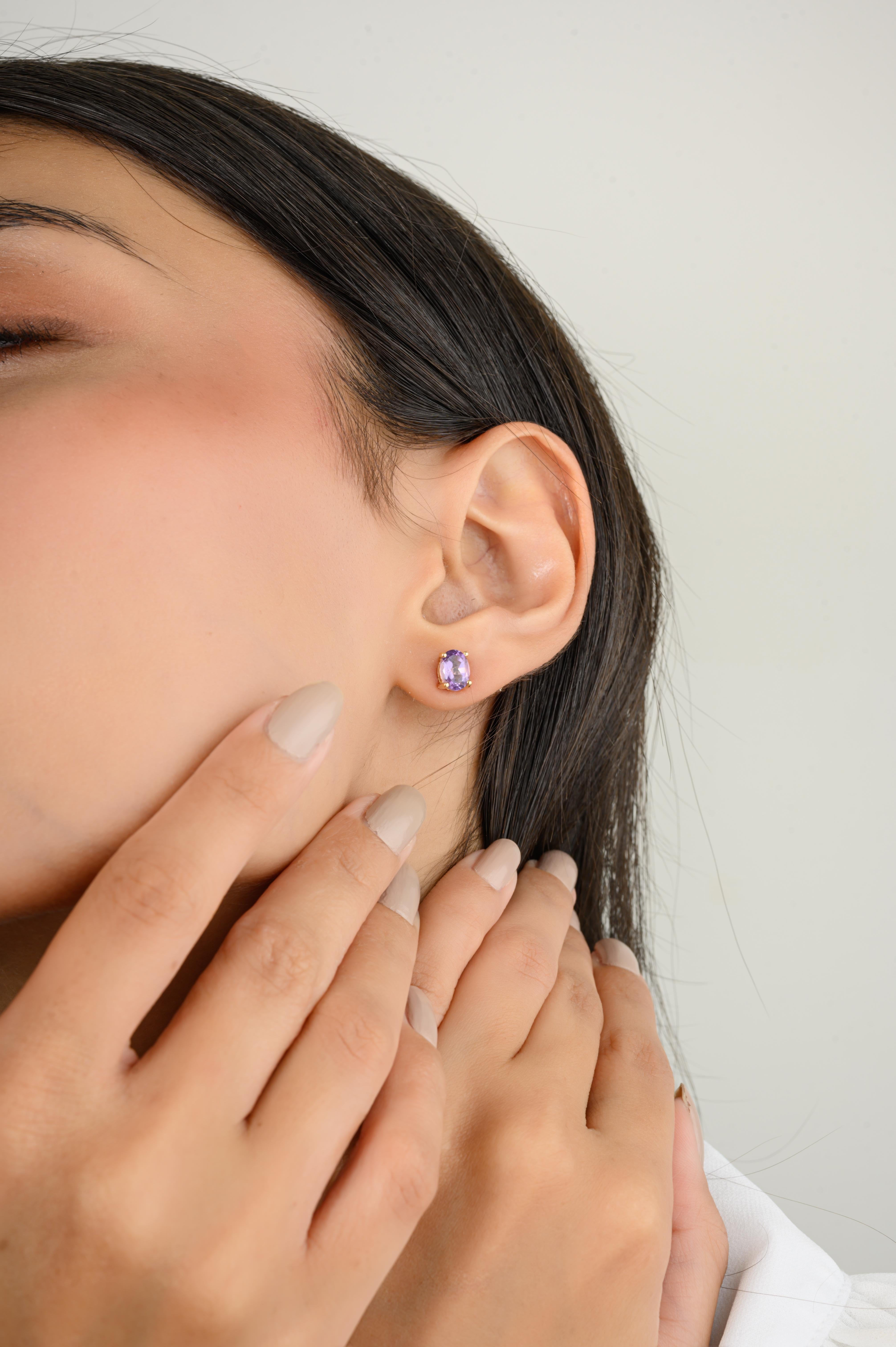 Pendientes de oro amarillo macizo de 14k con solitario de amatista para uso diario Corte oval en venta