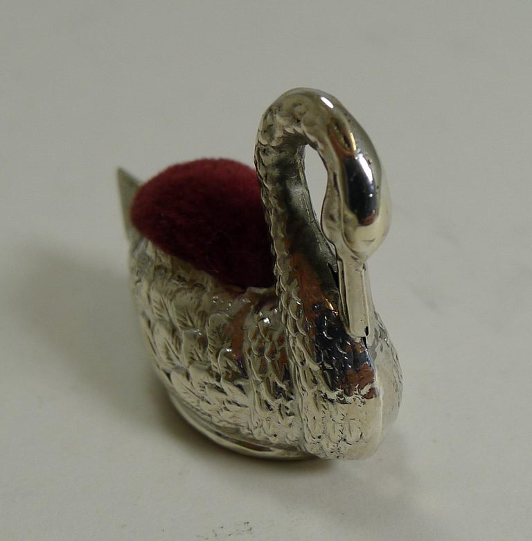 Tiny Antique English Sterling Silver Swan Pin Cushion, 1908 For Sale at