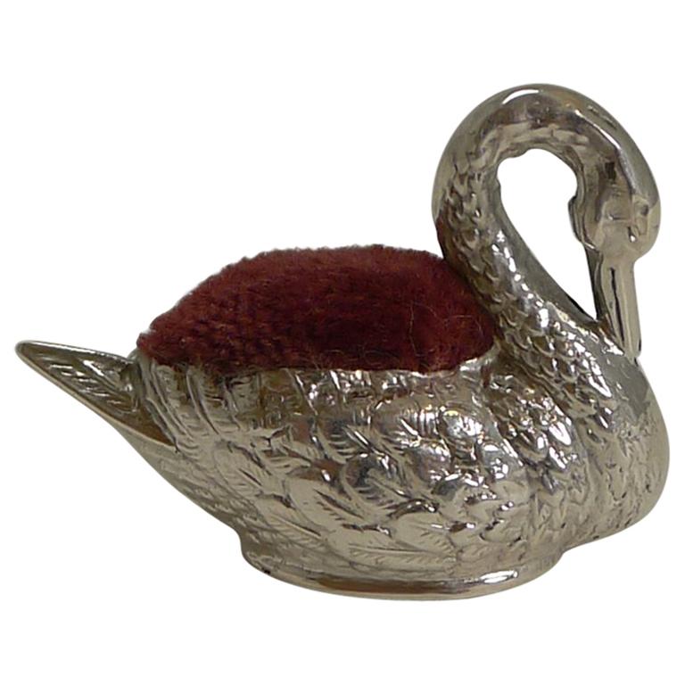 Tiny Antique English Sterling Silver Swan Pin Cushion, 1908 For Sale