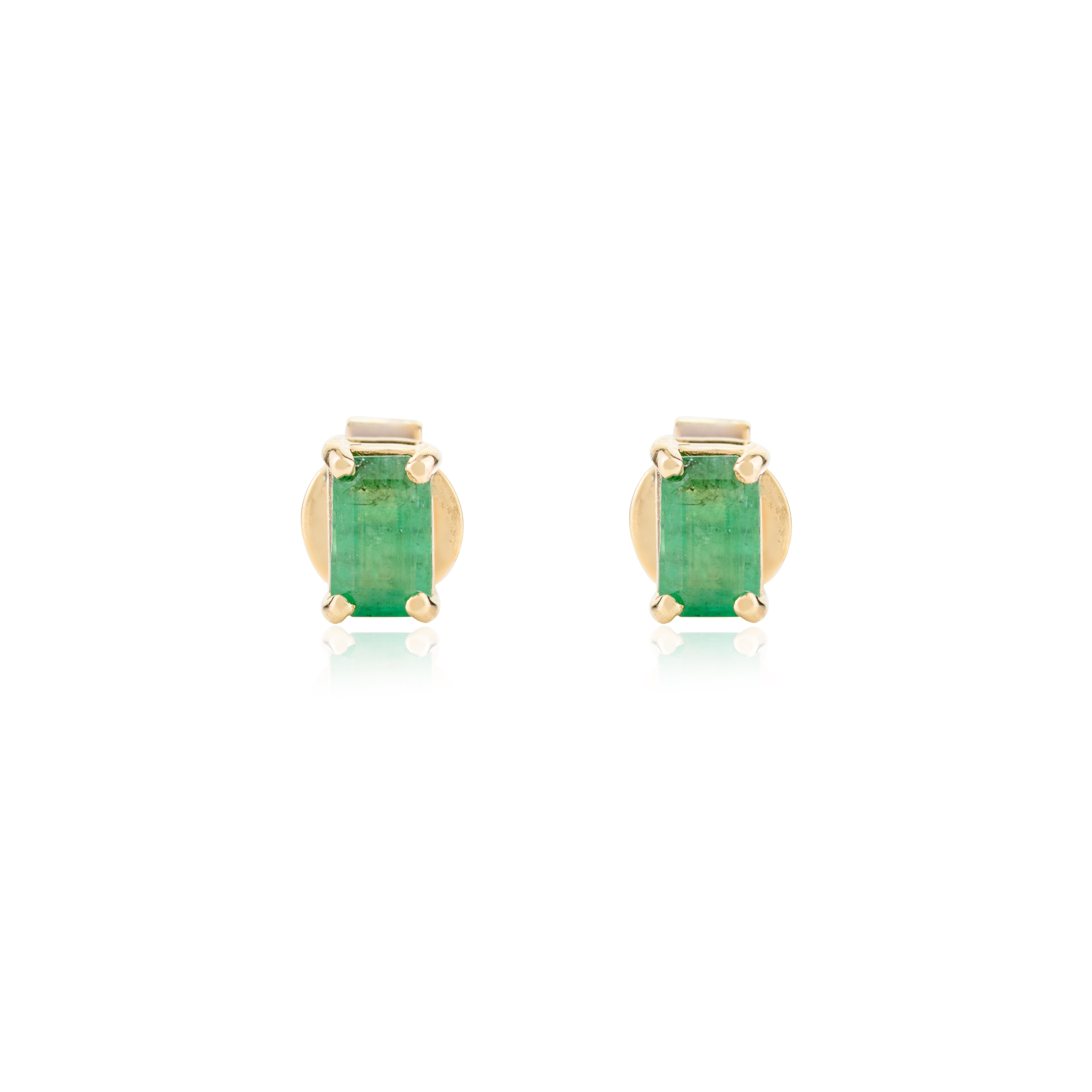 Modernist Tiny Baguette Cut Emerald Stud Earrings in 14k Solid Yellow Gold Gift for Her For Sale