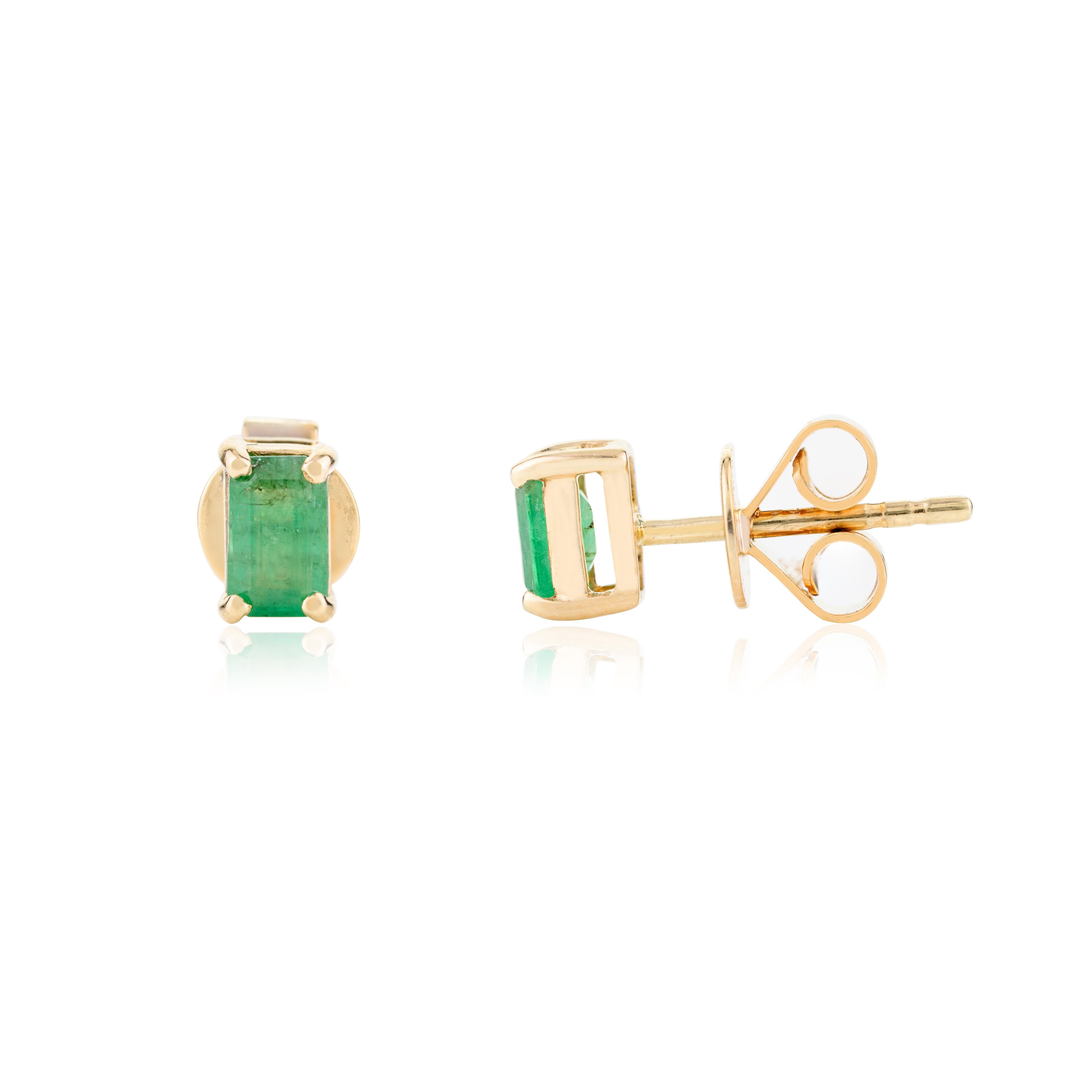 Women's Tiny Baguette Cut Emerald Stud Earrings in 14k Solid Yellow Gold Gift for Her For Sale