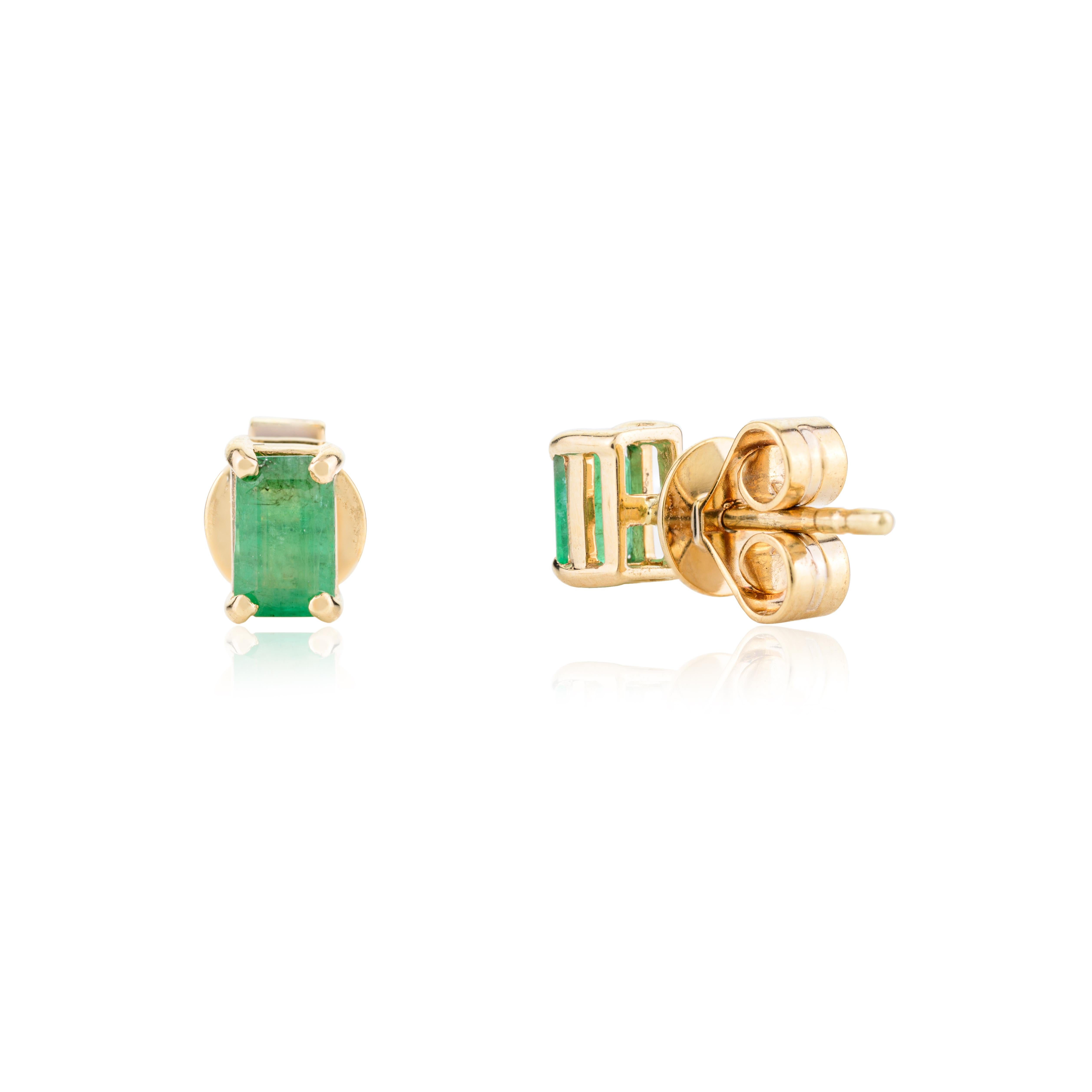 Tiny Baguette Cut Emerald Stud Earrings in 14k Solid Yellow Gold Gift for Her For Sale 1