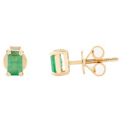 Tiny Baguette Cut Emerald Stud Earrings in 14k Solid Yellow Gold Gift for Her