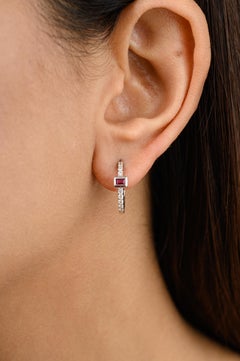 Tiny Baguette Ruby and Diamond Hoop Earrings for Her in 14k Solid White Gold