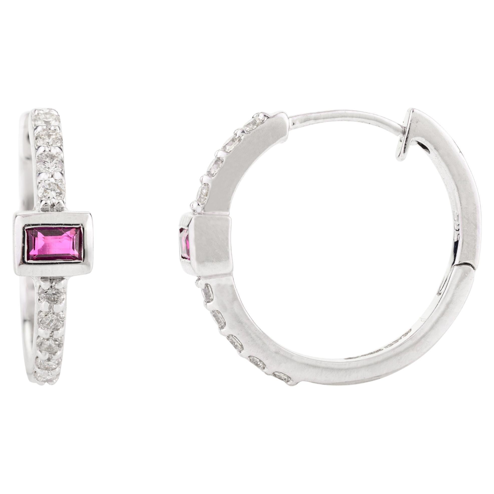 Tiny Baguette Ruby and Diamond Hoop Earrings for Her in 14k Solid White Gold