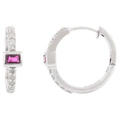 Boucles d'oreilles pour elle en or blanc massif 14k avec rubis baguette et diamants