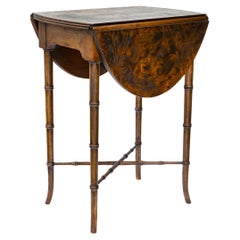 Tiny "Baker' Burled Walnut Table Drop Leaf Table on Faux Bamboo Legs