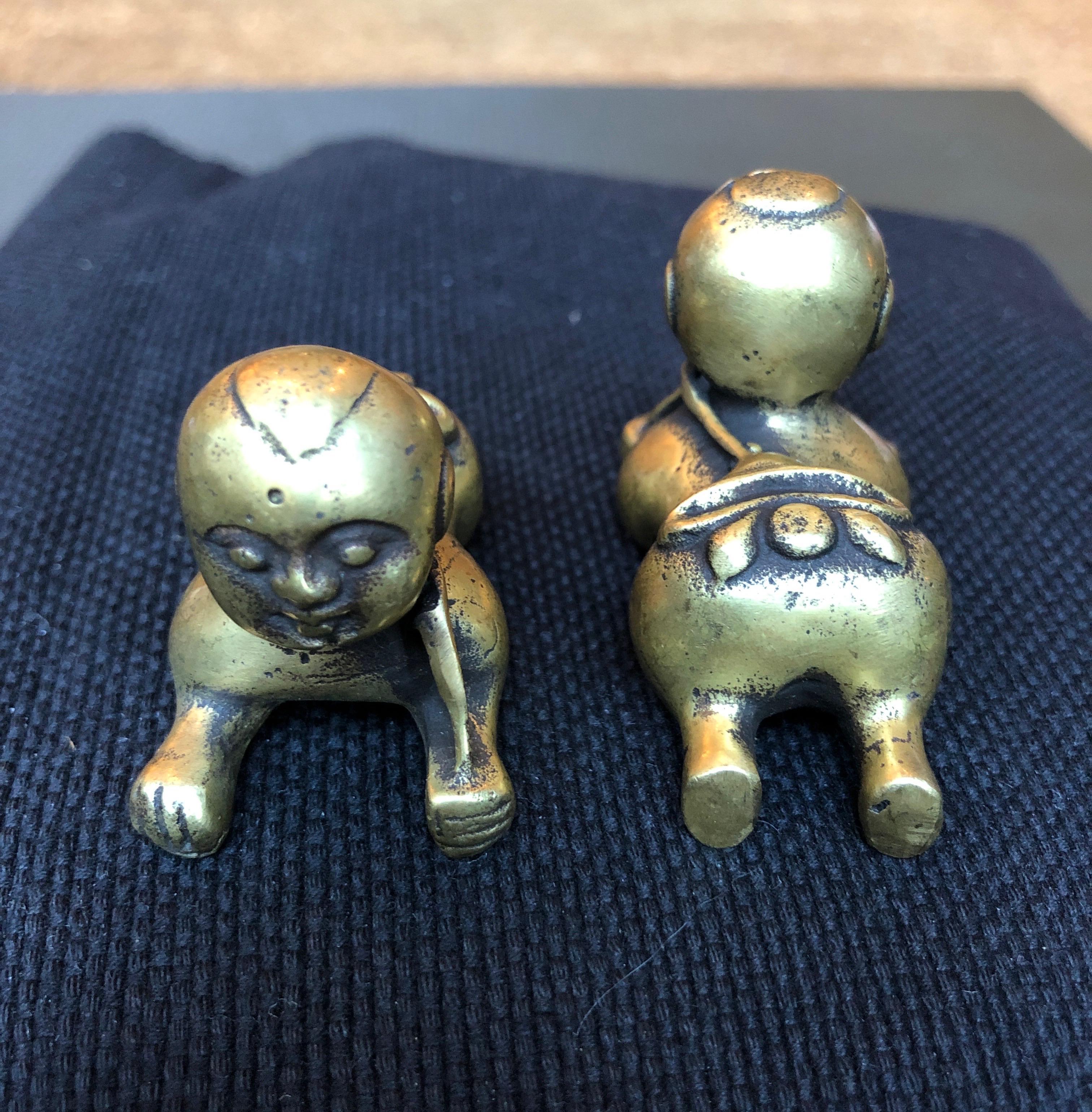 The most adorable pair of vintage crawling baby bronzes you have ever seen. Viewed from the front or back, they will put a smile on your face. Great shelf pieces. Priced as a pair. China, Republic Period.